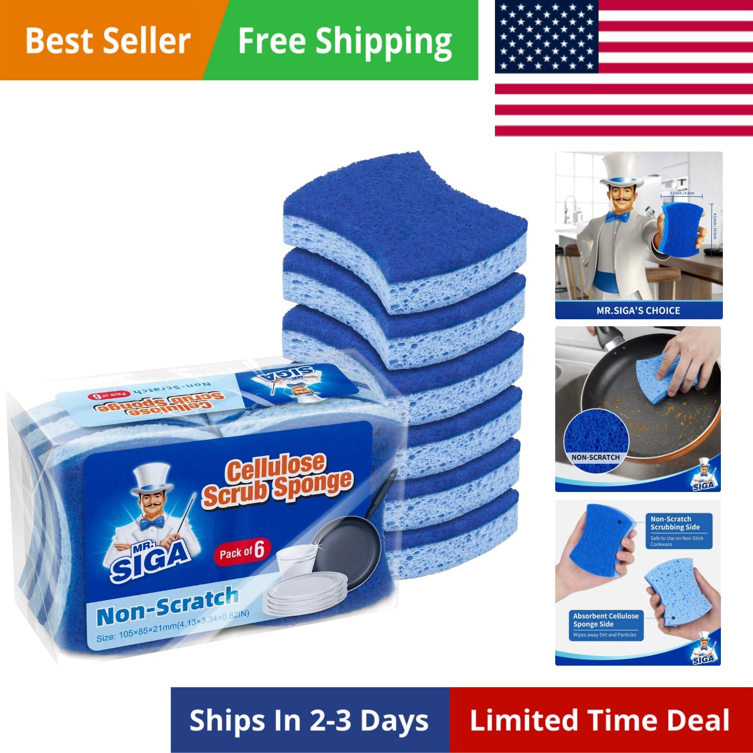 Non-Scratch Cellulose Scrub Sponge, Dual-Sided Dishwashing Sponge for Kitchen…
