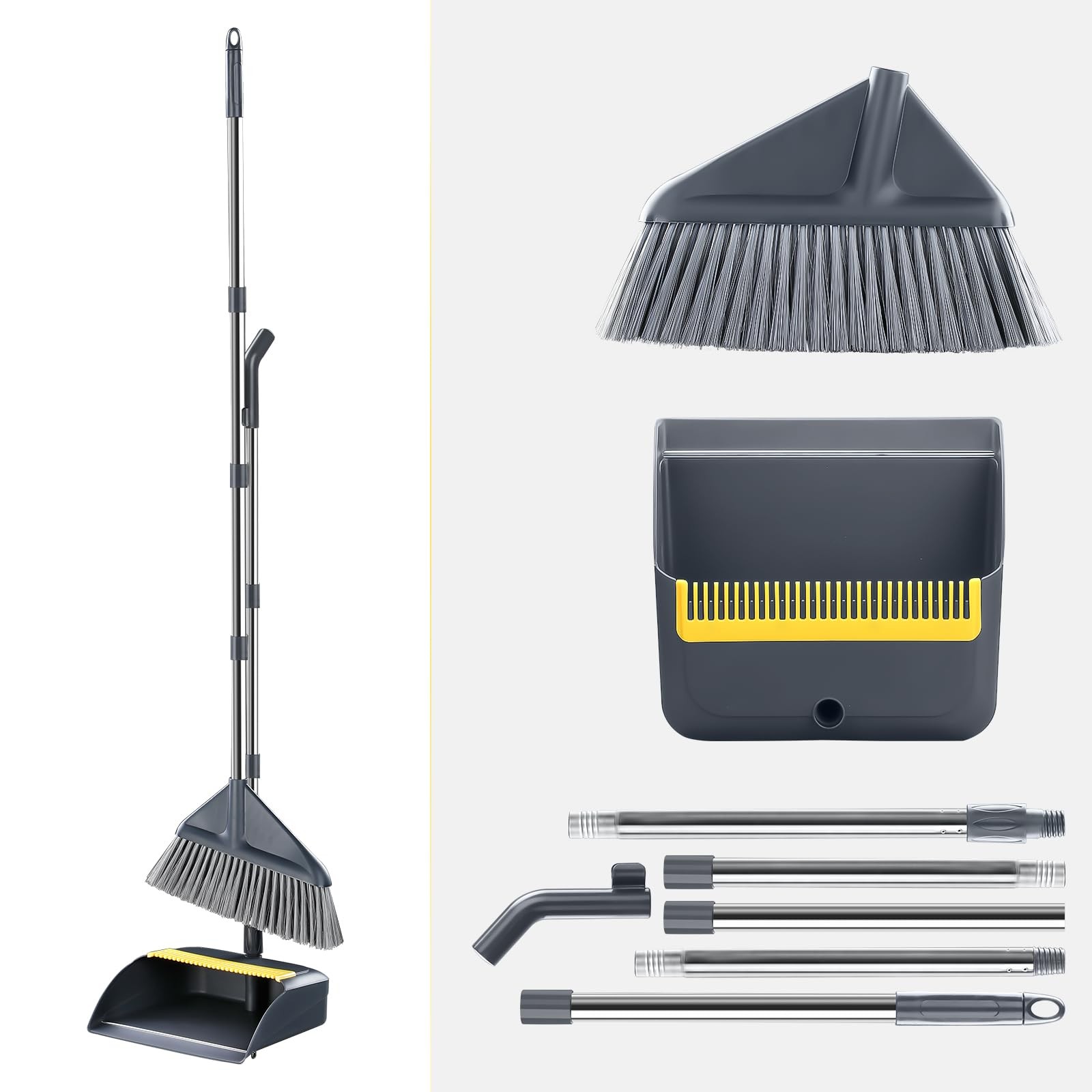 Broom and Dustpan Set for Home with 52 Inch Long Angled Handle – Stand White