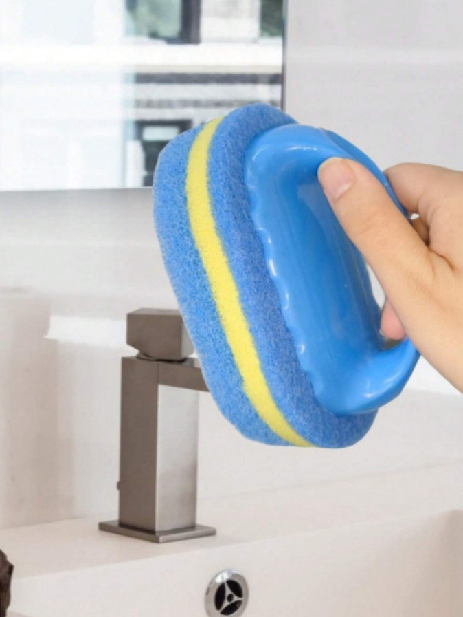 1pc, Thickened Sponge Cleaning Brush With Handle, Bath And Tile Scrub Brush, NEW