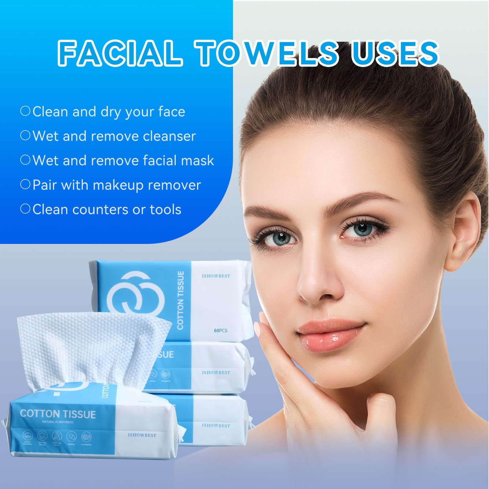 Disposable Face Towel,ISHOWBEST 60 Count Clean 60 (Pack of 1)