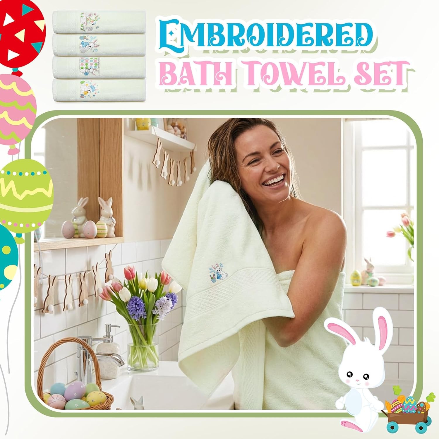 Set of 4 Easter Bunny Bath Towel, 27×54 Inch Cotton Easter Towels, Absorbent