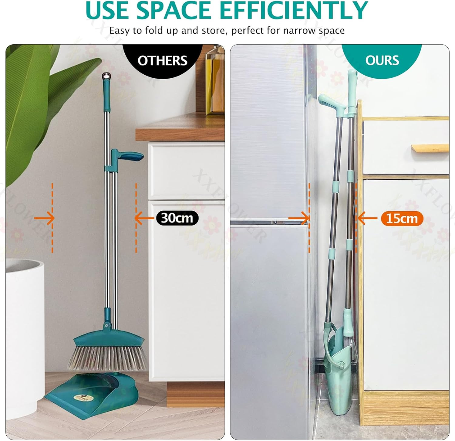 Broom and Dustpan Set with Cleaning Teeth, 54.5″ Long Handle Indoor Sweeping Com