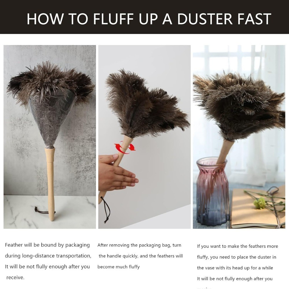 2PCS Ostrich Feather Duster 16 Inch Fluffy Natural with Wood Handle Reusable