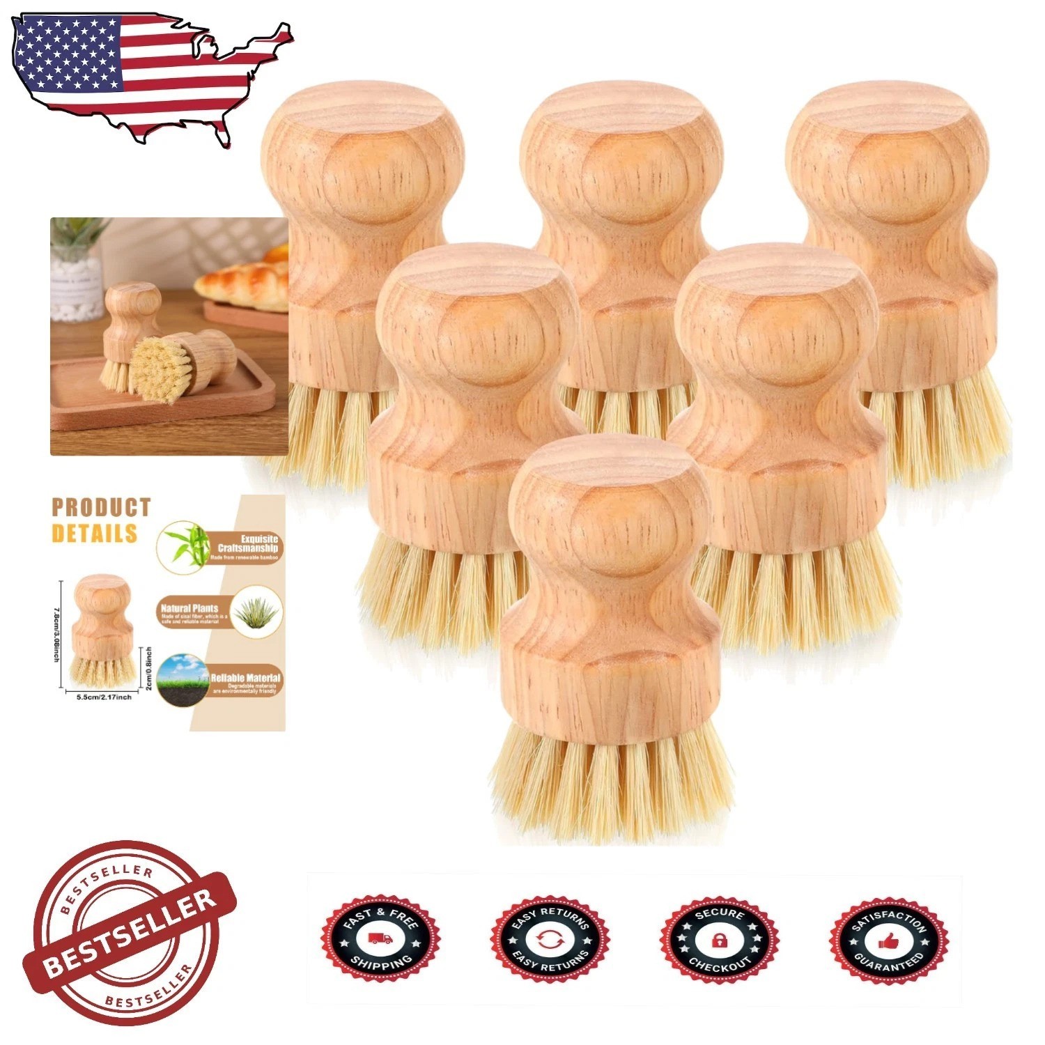 Bamboo Dish Brushes Set – 40pc Natural Sisal, Kitchen Cleaning Tools