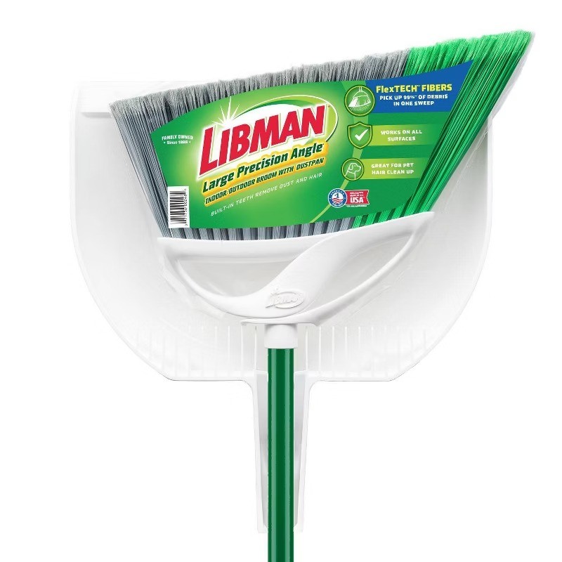 Large Precision Angle Broom with Dustpan: Steel Handle, Grip Handle, Hanging