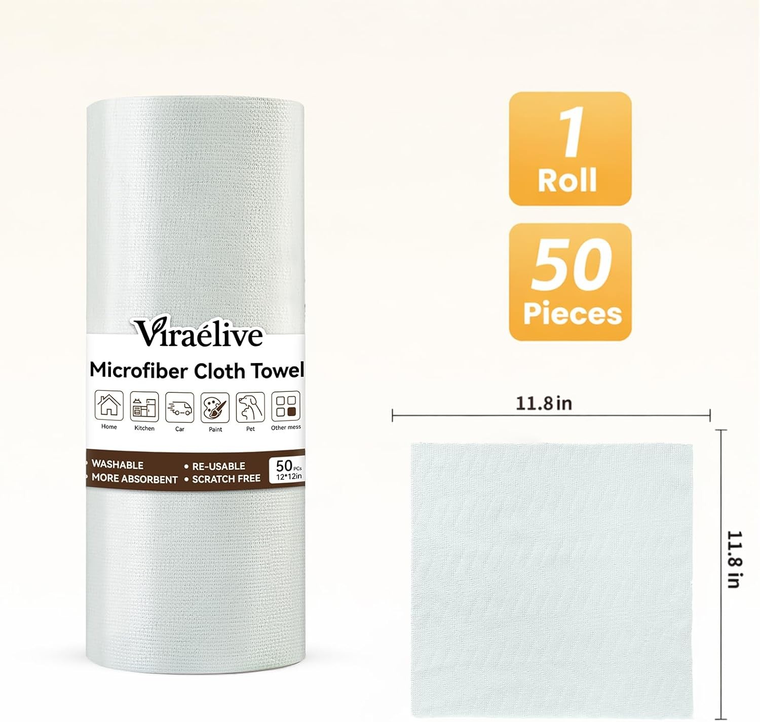 Microfiber Cleaning Cloth Roll, 50 Tear-Away Sheets, Reusable & Washable,