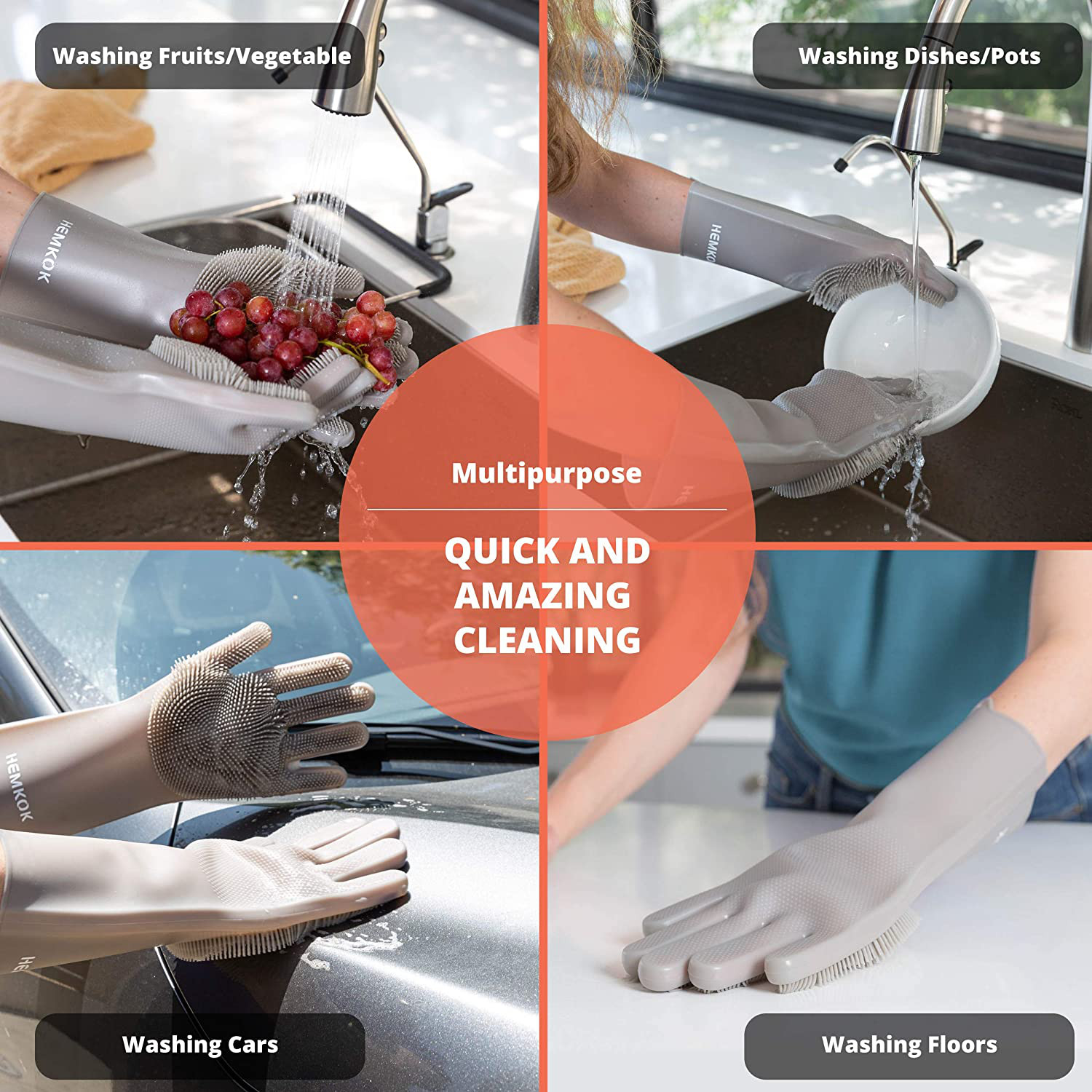 1 pair Silicone Dishwashing Multipurpose House Cleaning Gloves W/Scrubber