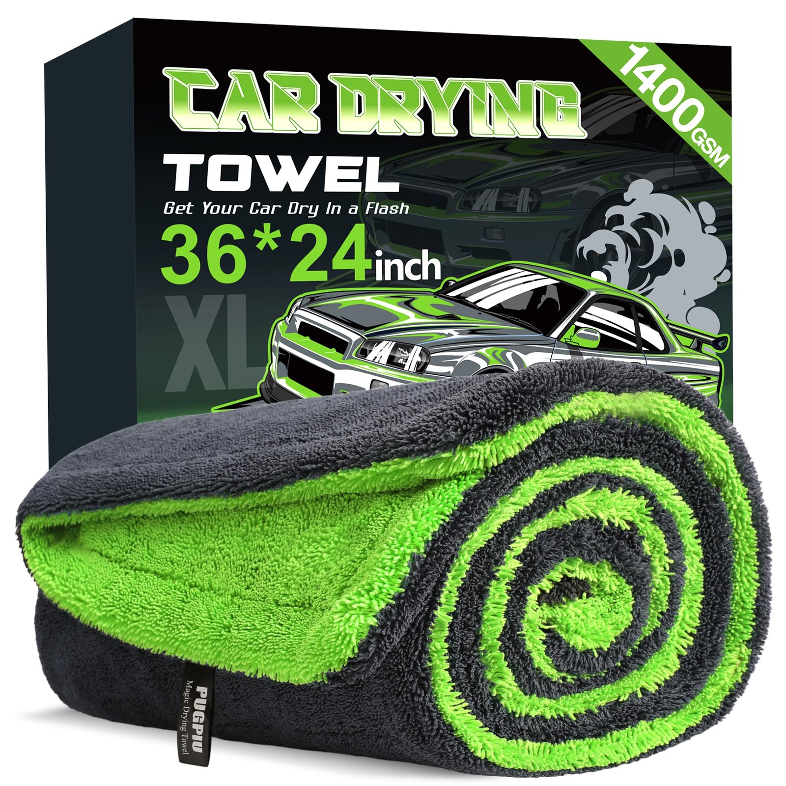 PUGPIU Car Drying Towel – 1400GSM Extra Large Super Absorbent 36″X24″, Green