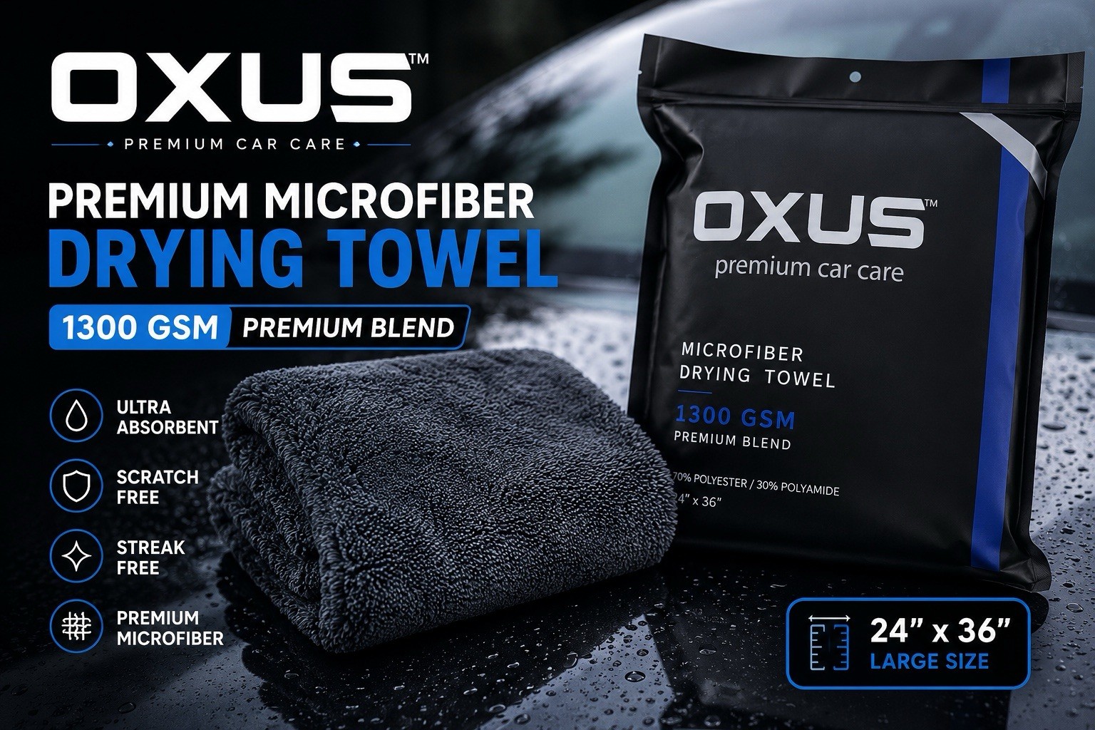 OXUS 1300 GSM Microfiber Drying Towel 24×36” Car Drying Cloth Scratch Free