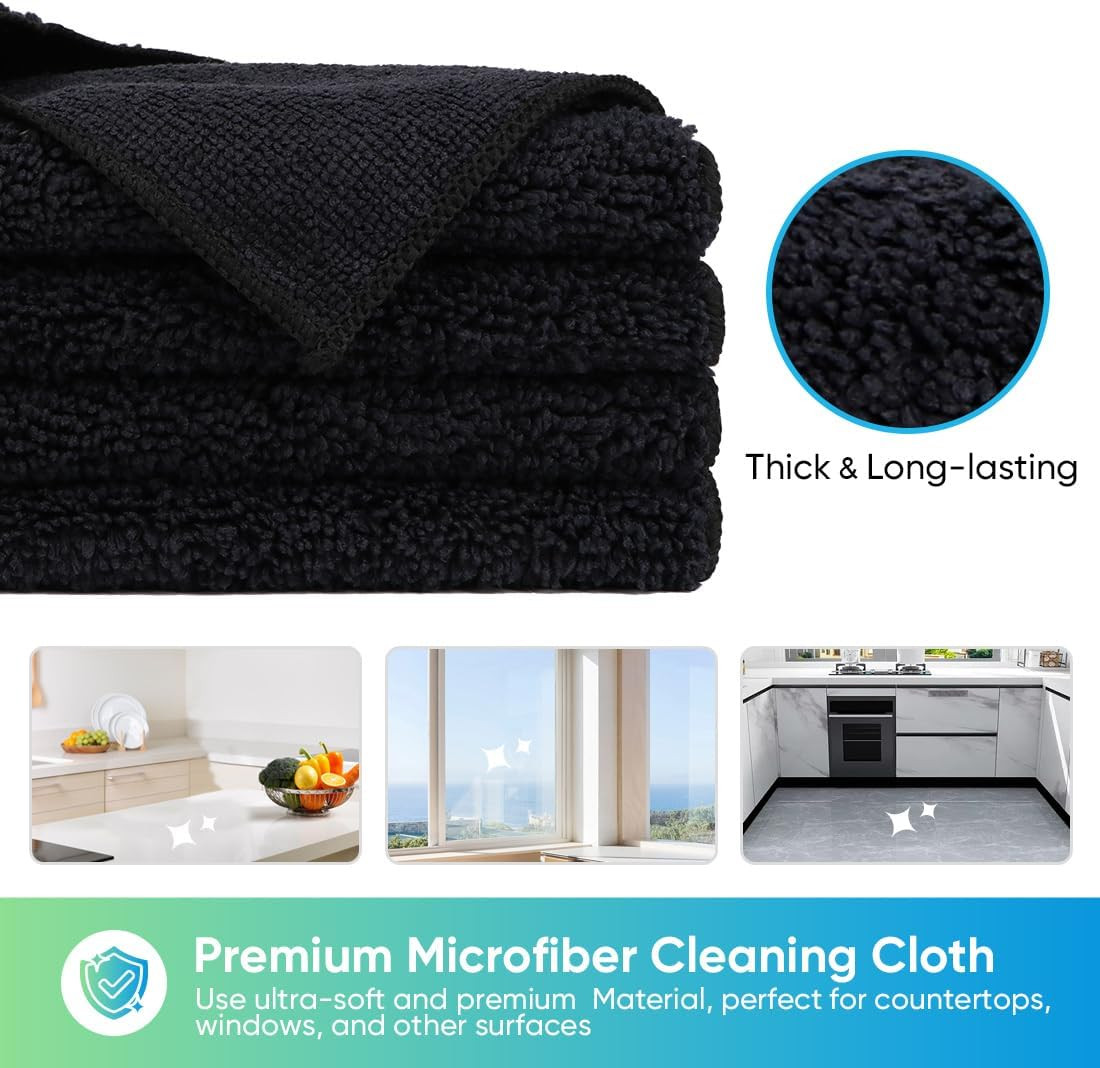 Premium Black Microfiber Cleaning Cloths, 12 Pack, Lint-Free & Highly Absorbent
