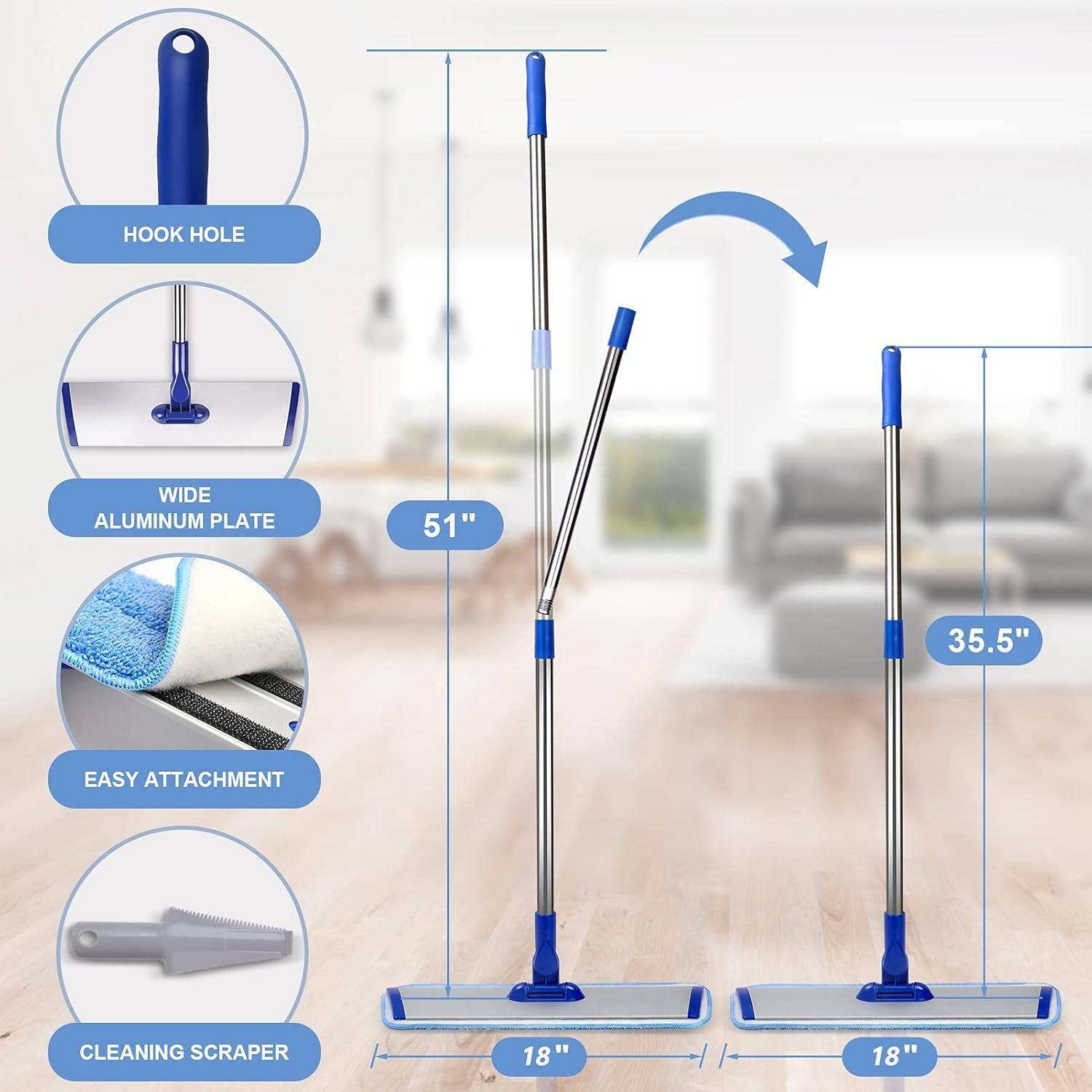 18″ Professional Microfiber Mop with Adjustable Stainless Steel Handle & 4 Pads