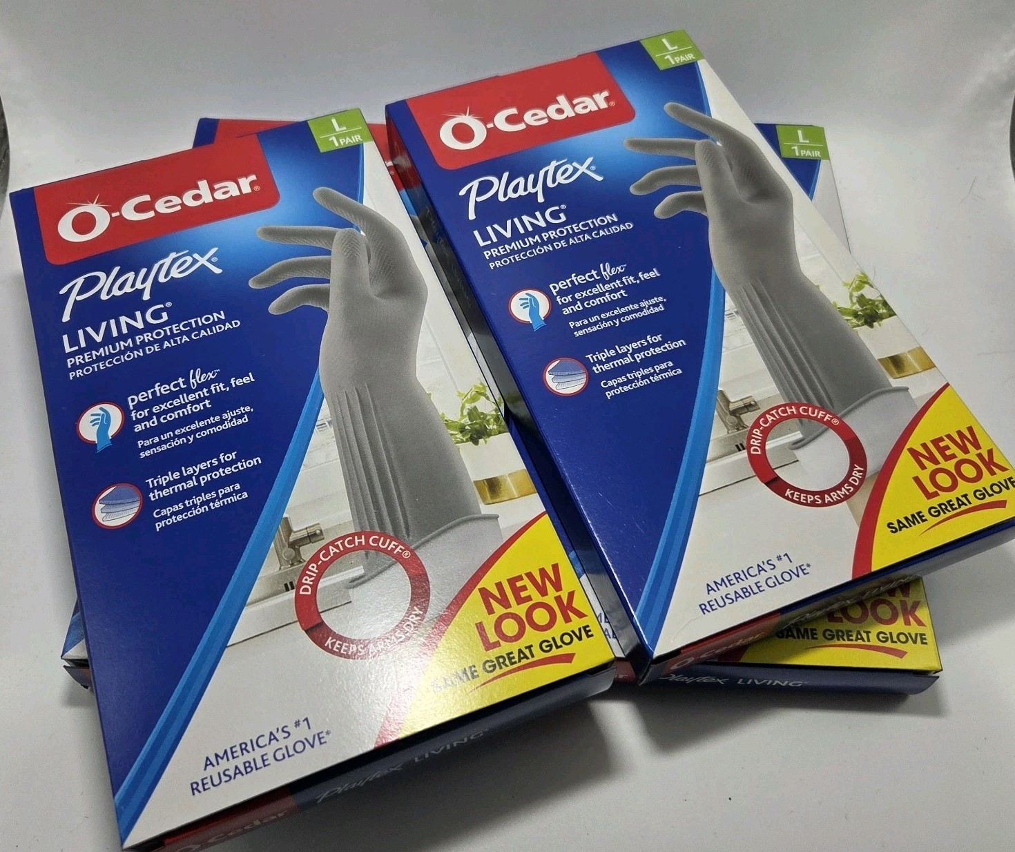 4 NIP Pair Large Gloves Gray O-Cedar Playtex Living Premium Protection Drip Cuff
