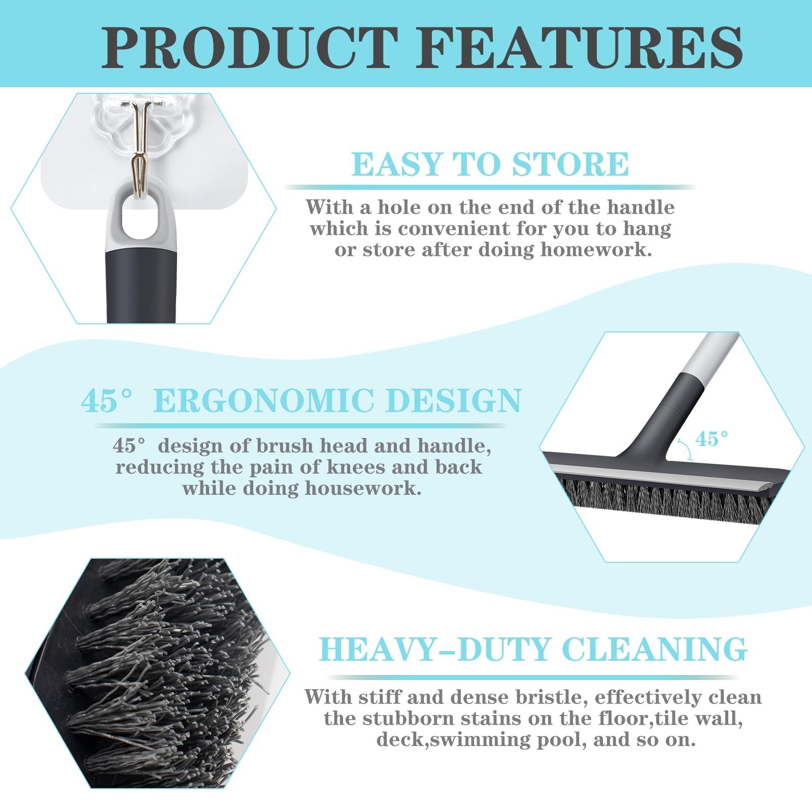 AONEZ Floor Scrub Brush with Long Handle – Adjustable 2 Grey & Black