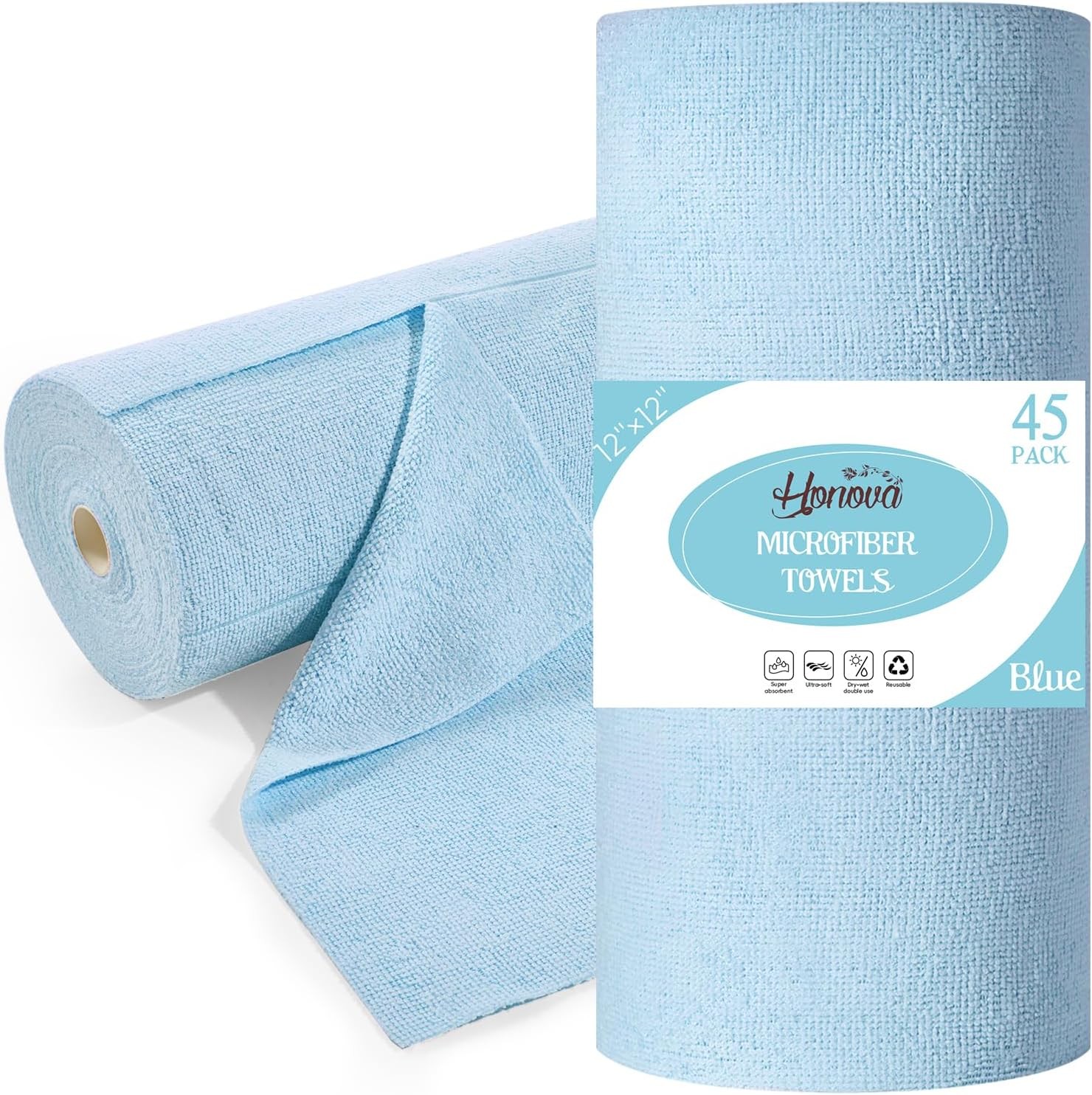 HONOVA Microfiber Cleaning Cloth Roll 45 Pack, 12″ x 12″ Washable Paper Towels,