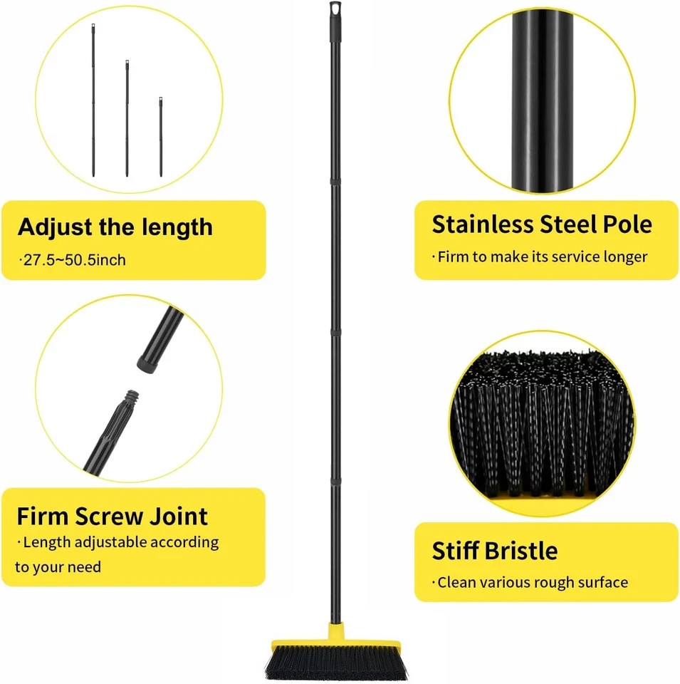 Push Broom Outdoor Indoor Broom 12″ Wide,50″ Long Handle with Stiff Bristles for