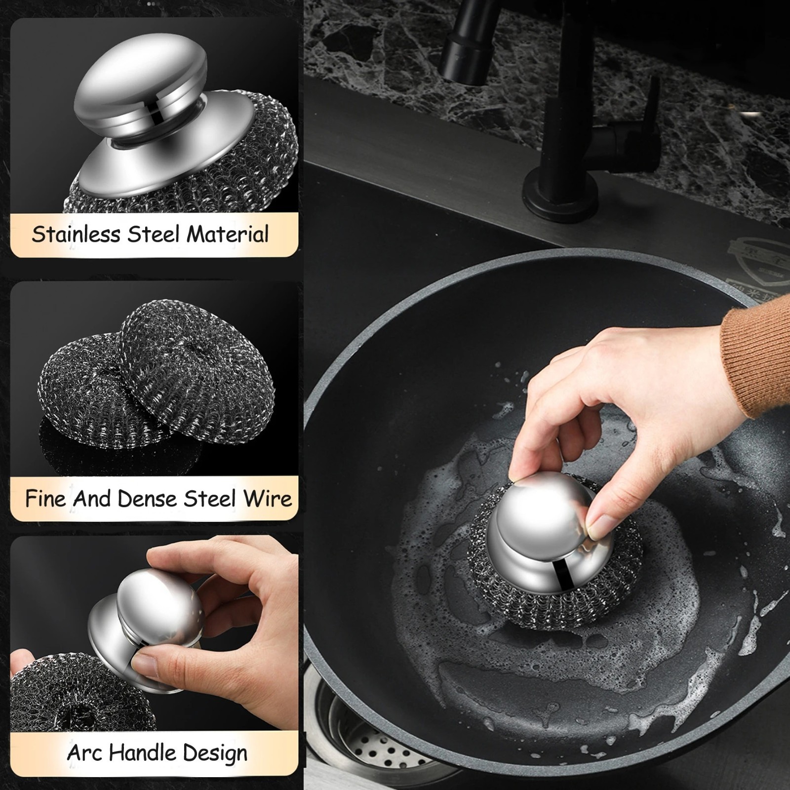 1PC Steel Wool Scrubber with Handle Stainless Steel Cleaning Brushes Cleaning Di
