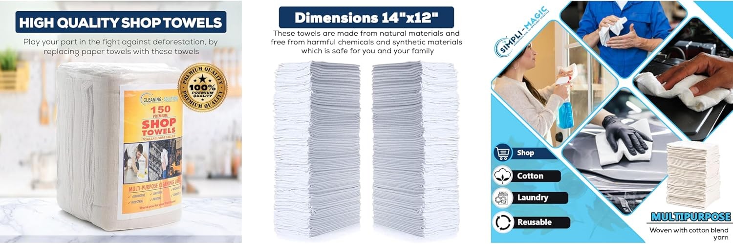 Simpli-Magic Cotton Shop Towels 14″x12″ (145 Pack) – Reusable Cleaning Shop Rags