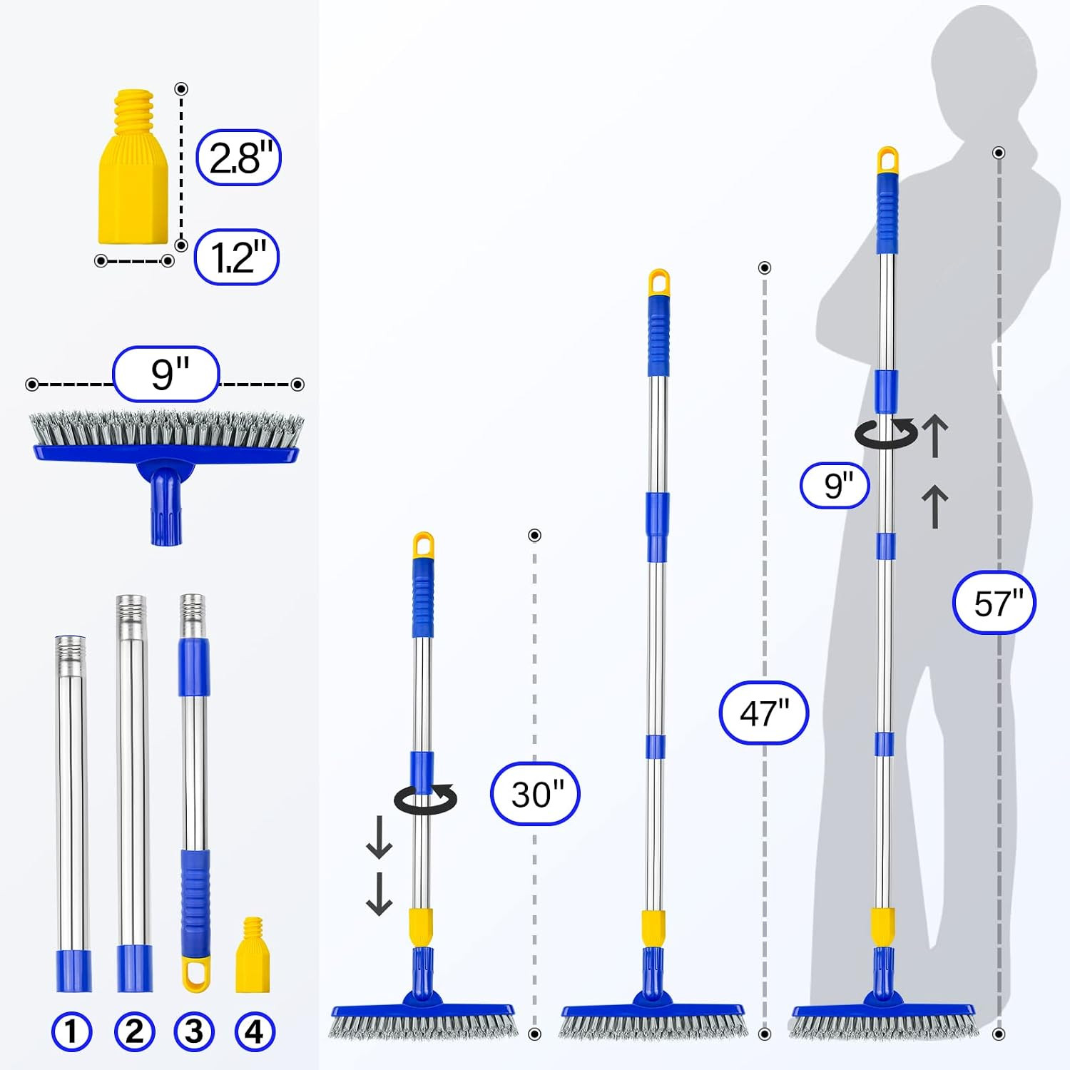 ITTAR Grout Brush with Long Adjustable Handle, Swivel Scrub Brush, V-Shape Grout