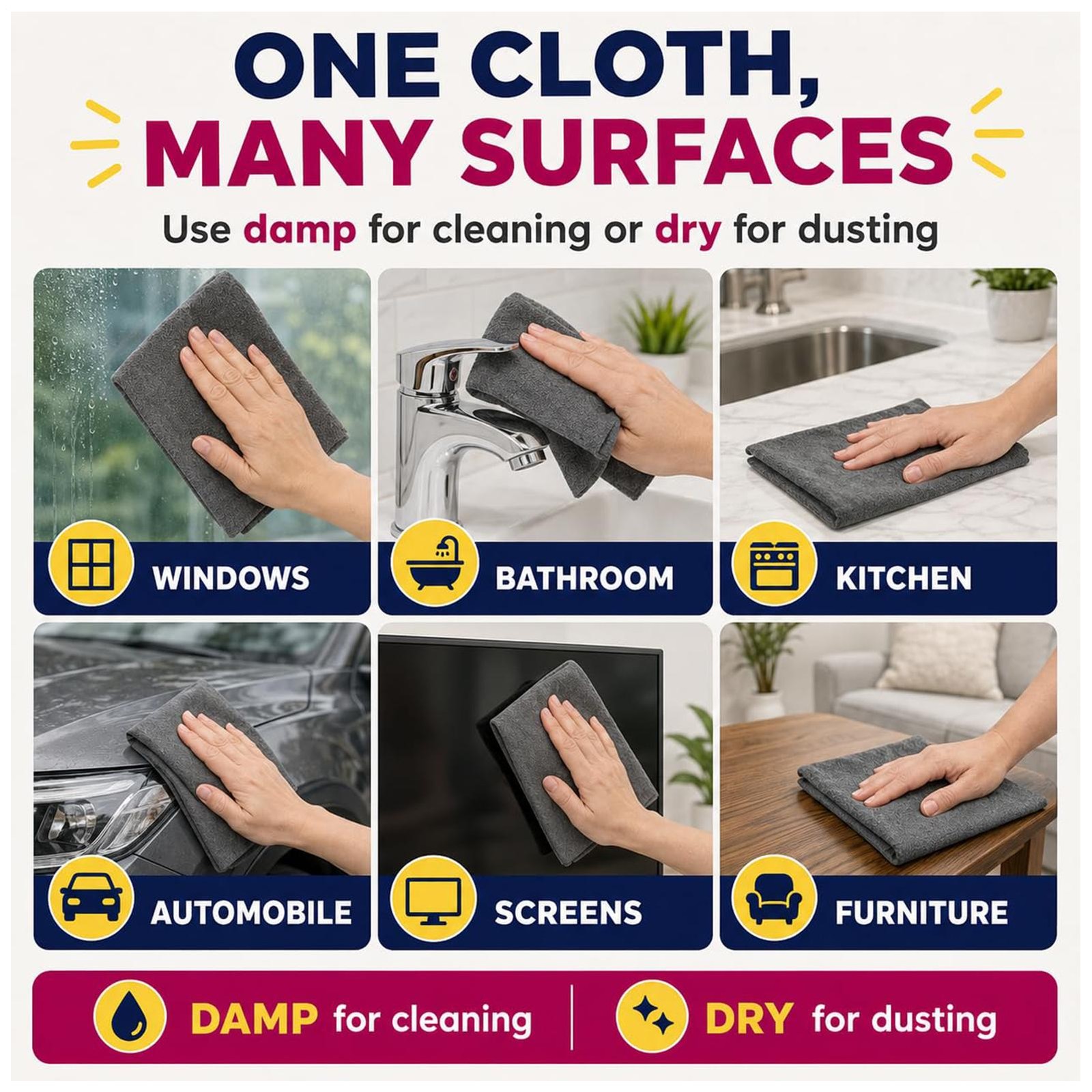 Genie Magic Cleaning Cloth 6-Pack,Microfiber Cleaning Cloths 16×12 Inch,Reusable