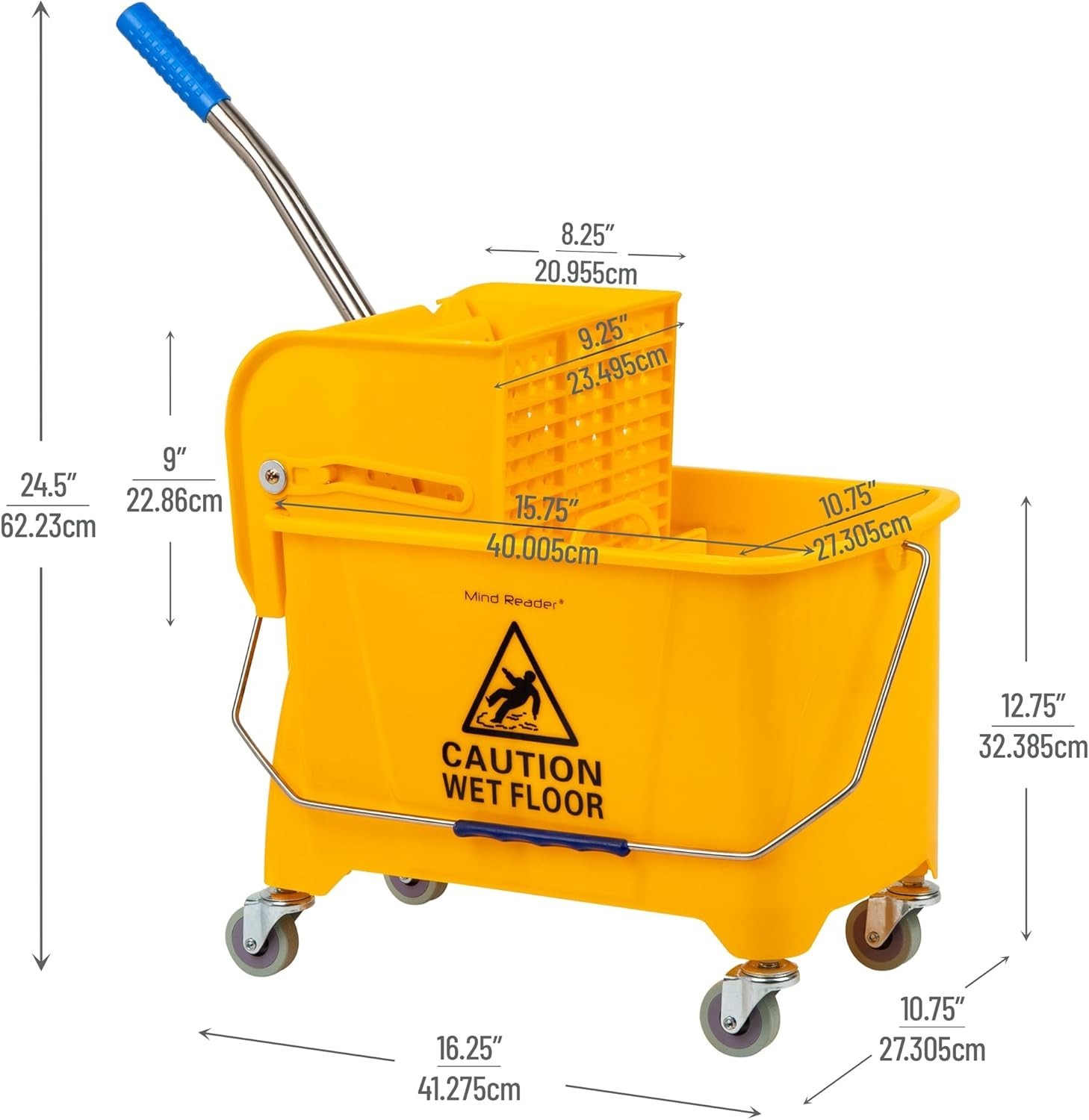 Mind Reader 22Qt Mop Bucket with Wringer & Wheels, Yellow