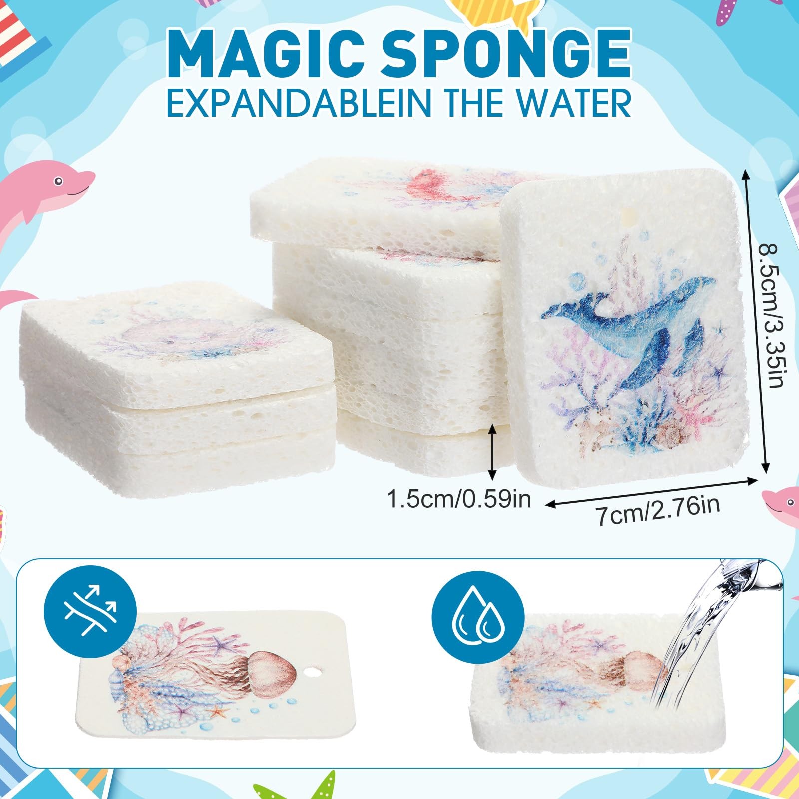 50 Counts Compressed Cellulose Sponges Bulk Sea ​​Animals Style Natural Kitch…