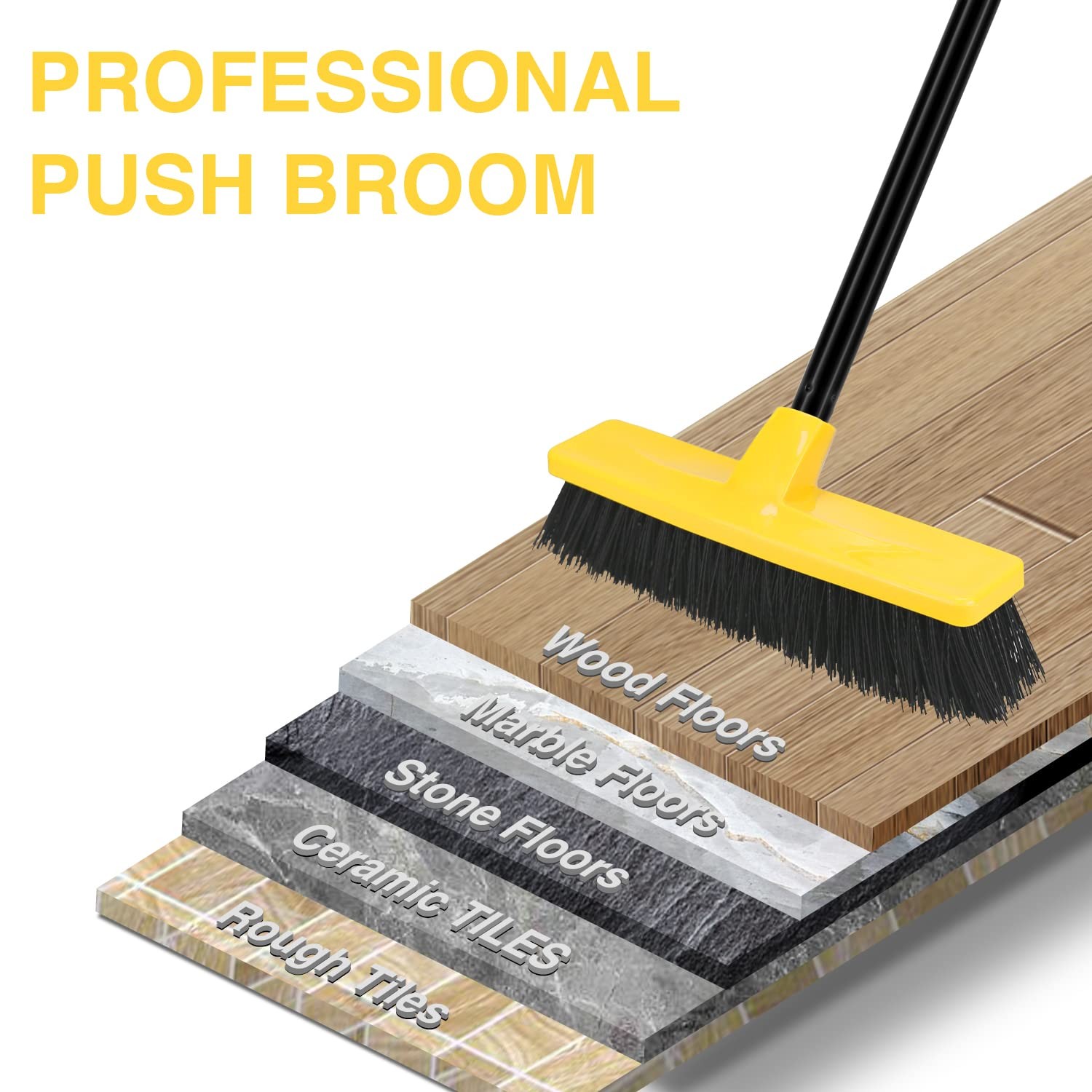 Push Broom Outdoor Indoor 12″ Wide,50″ Long Handle with Yellow Pp