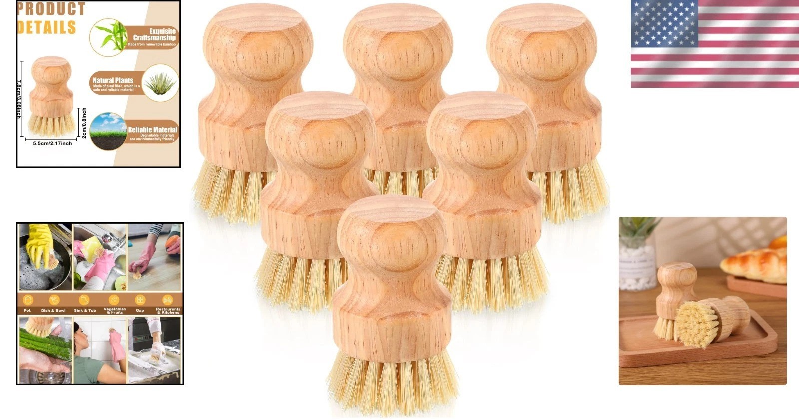 Bamboo Dish Brushes Set – 40pc Natural Sisal, Kitchen Cleaning Tools