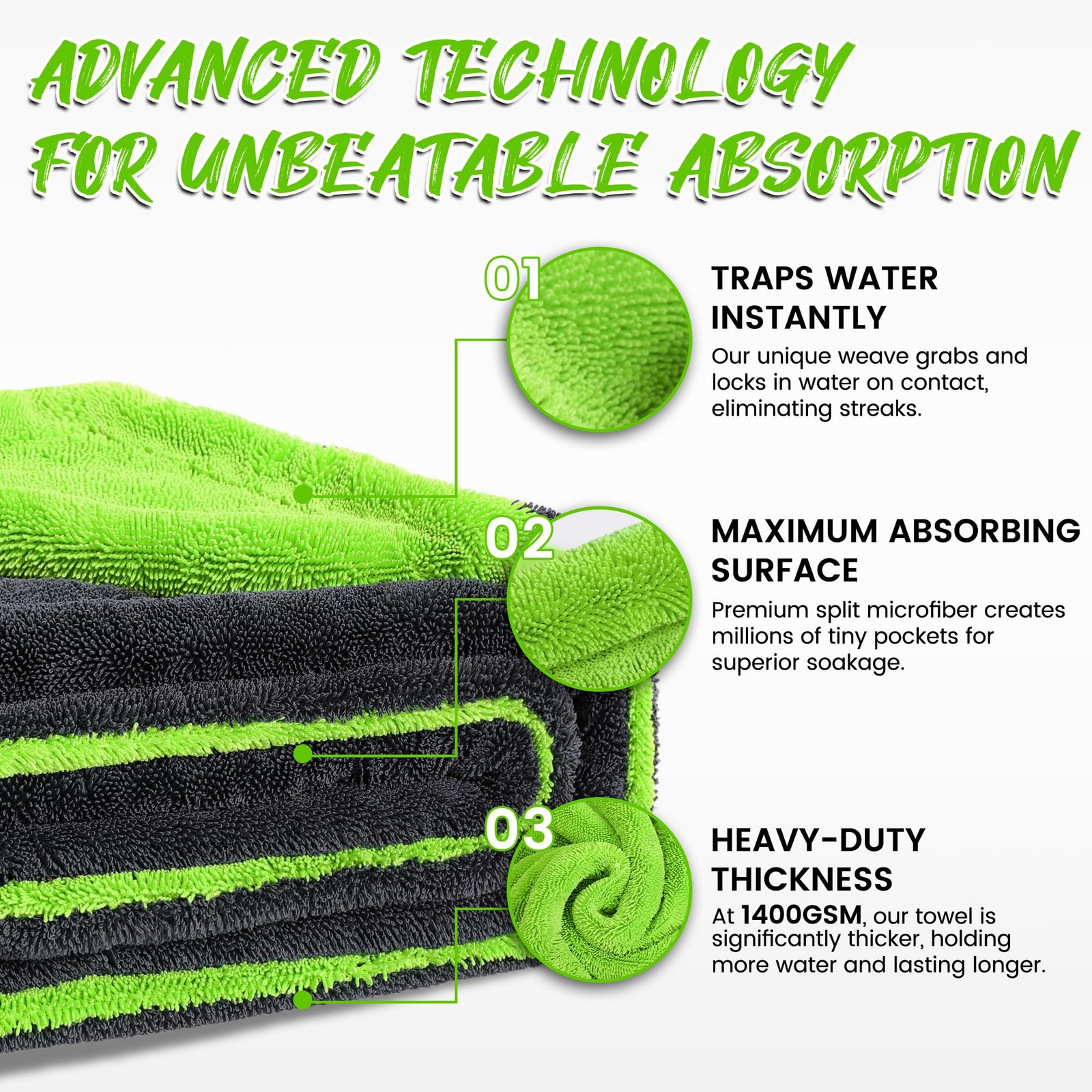 PUGPIU Car Drying Towel – 1400GSM Extra Large Super Absorbent 36″X24″, Green