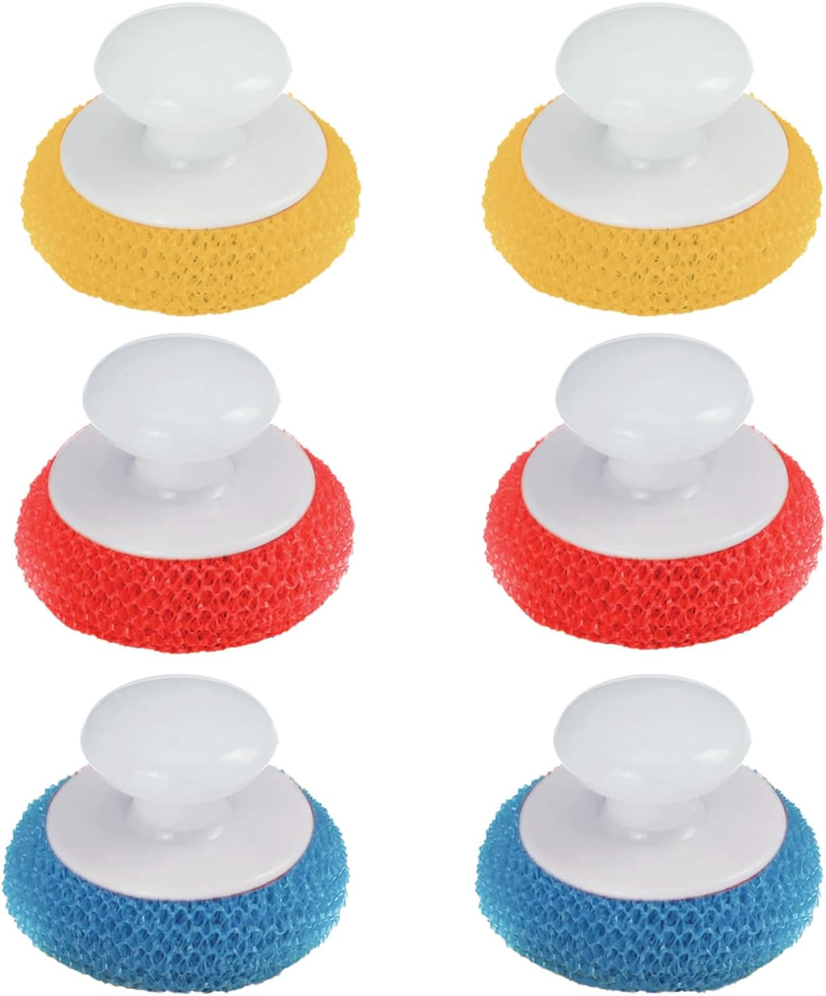 Plastic Mesh Non-Scratch Scouring Pad, 6 Pack, Hand Saving Comfort Knob, Red, Bl