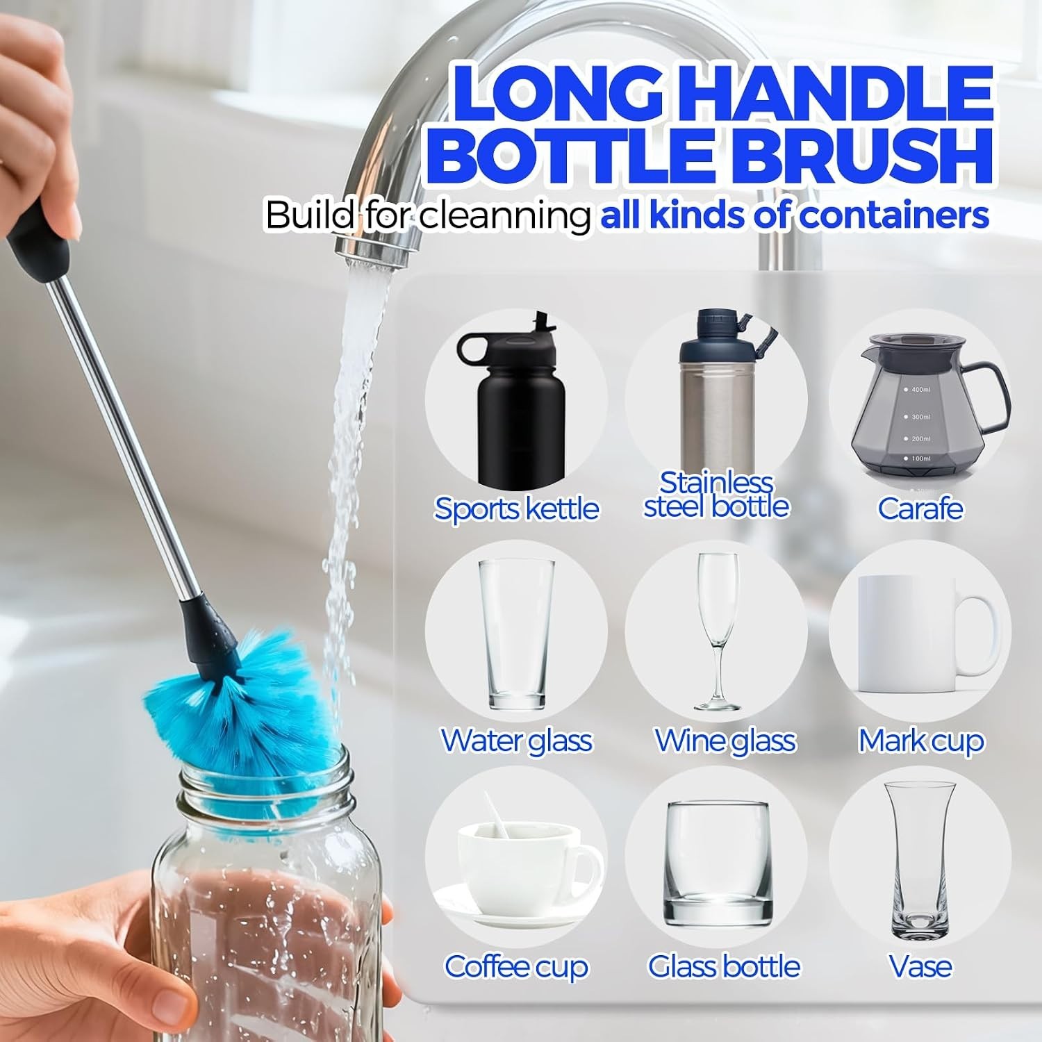 Bottle Brush Set, 6 Pack, 14.5″ Long Handle, Blue, Straw Brushes, Spout Brush