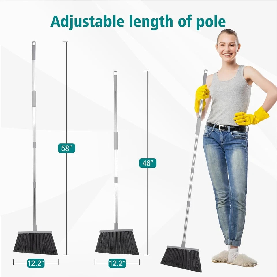 Broom, 4 Pack Outdoor Broom for Floor Cleaning, 58″ Long Stainless Steel Handle,