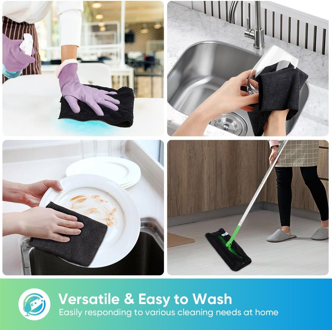 Premium Black Microfiber Cleaning Cloths, 12 Pack, Lint-Free & Highly Absorbent