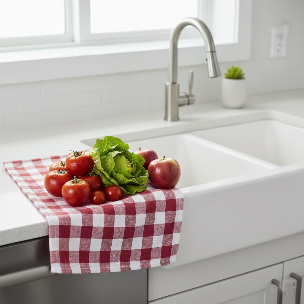 6 Pack Kitchen Towels Buffalo Checks Rust 20×30 Inch 100 Cotton Absorbent