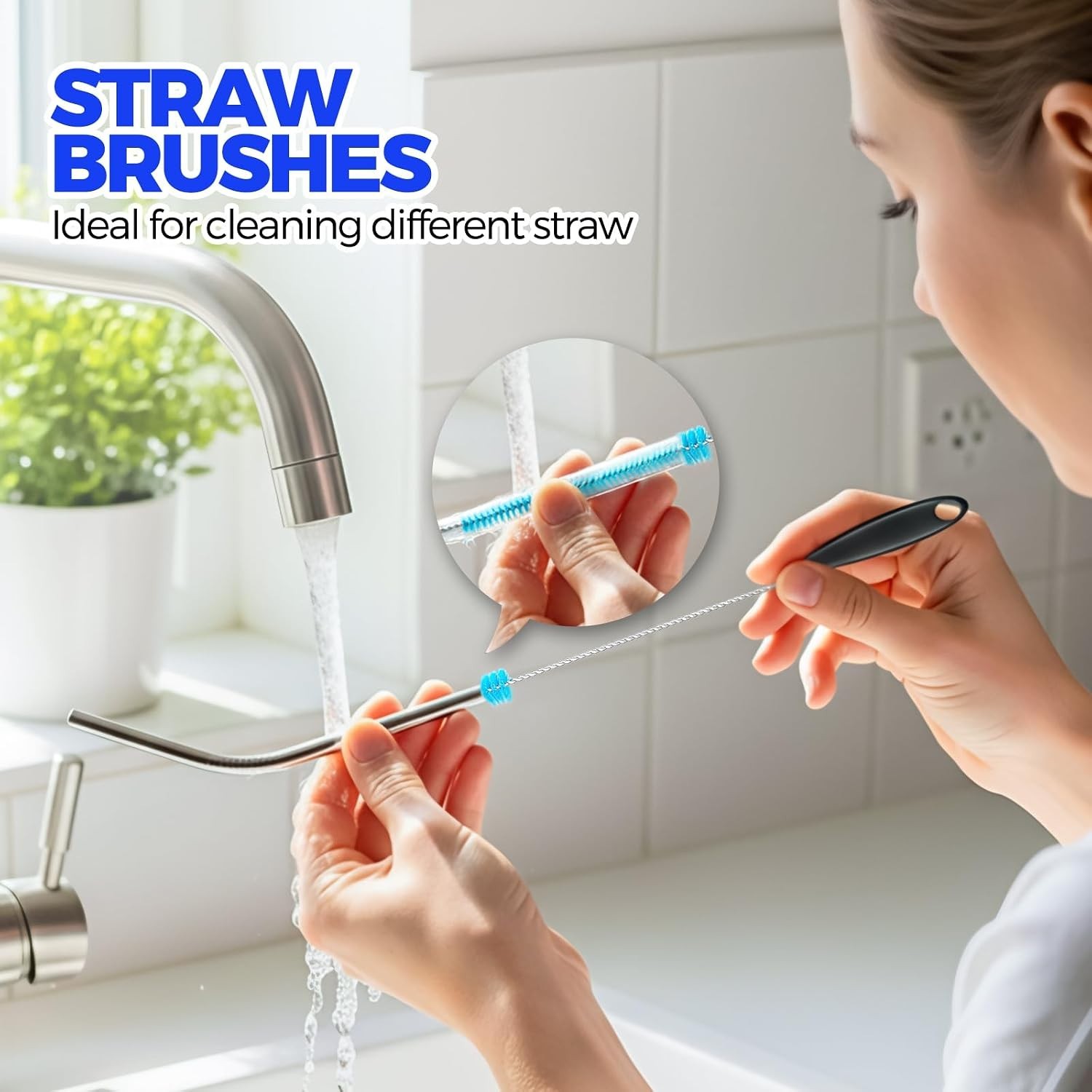 Bottle Brush Set, 6 Pack, 14.5″ Long Handle, Blue, Straw Brushes, Spout Brush