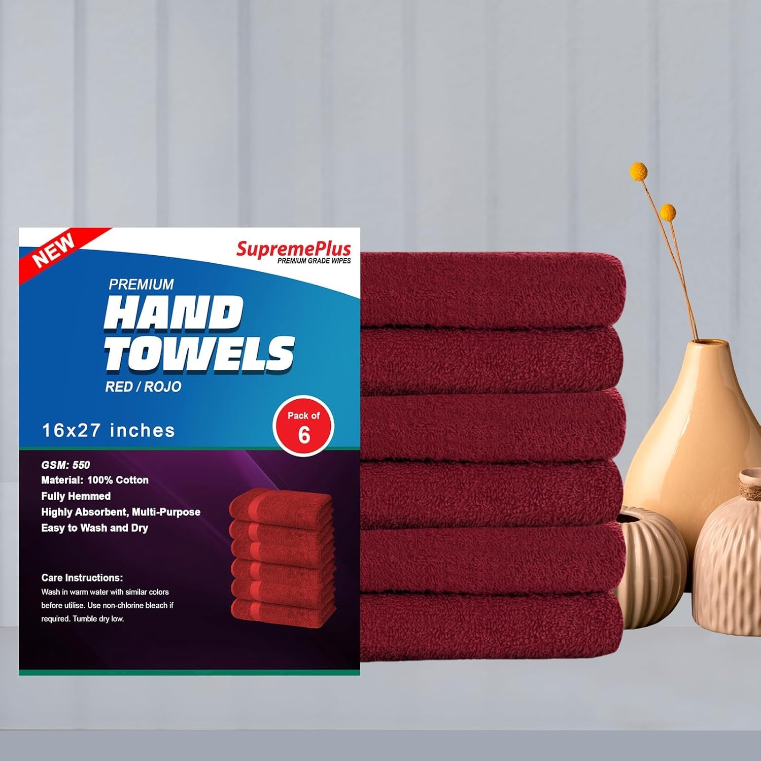 Luxury Hand Towels – 550 GSM, 16×27 Inch, Pack of 6, 100% Ring Spun Cotton –