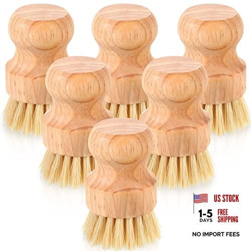Set of 6 Bamboo Dish Scrub Brushes – Wooden Scrubbers – Sisal Kitchen