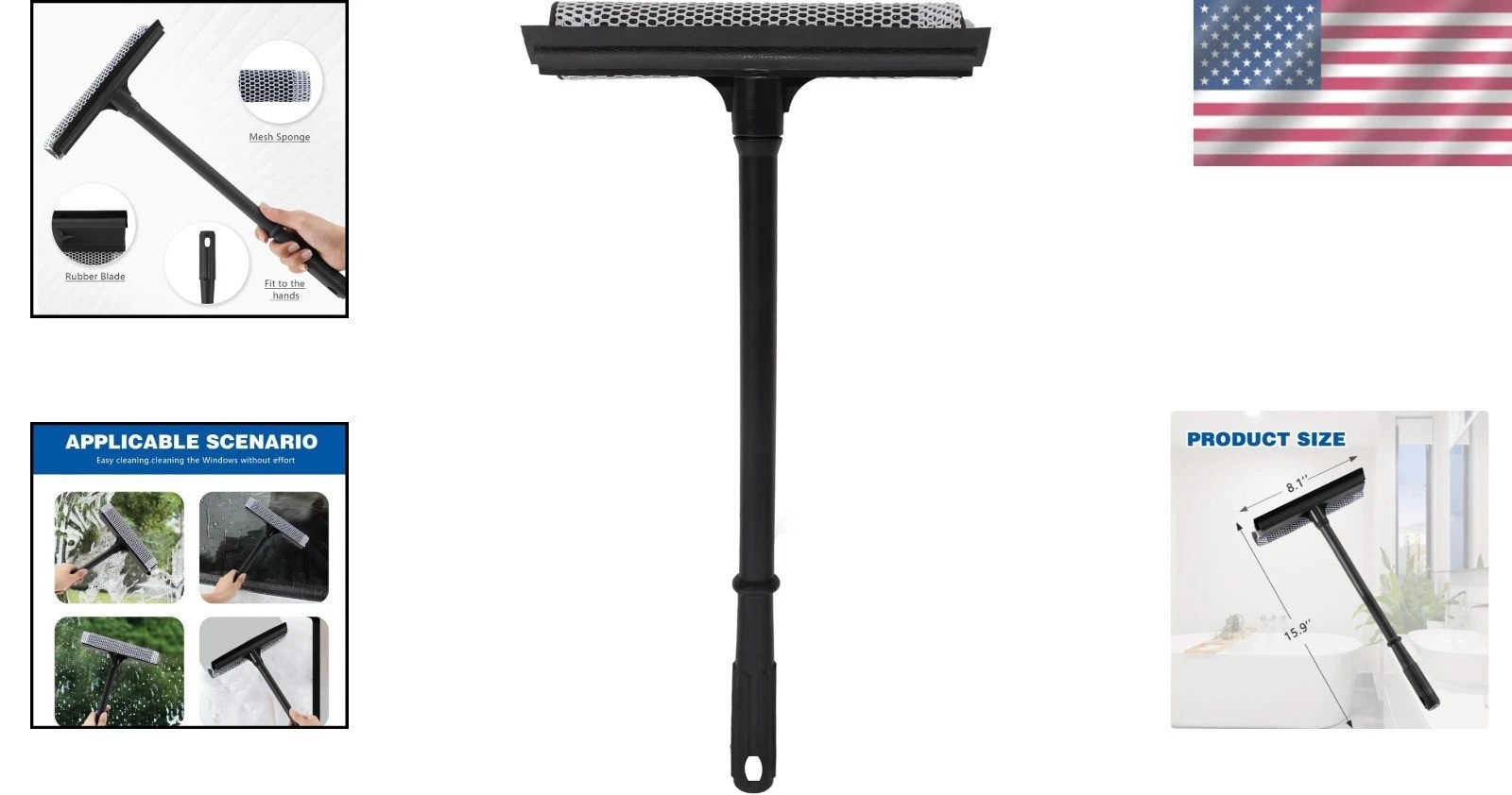 Window Squeegee 15.9 Inch Multi Use Cleaning Tool with Rubber Blade and Sponge