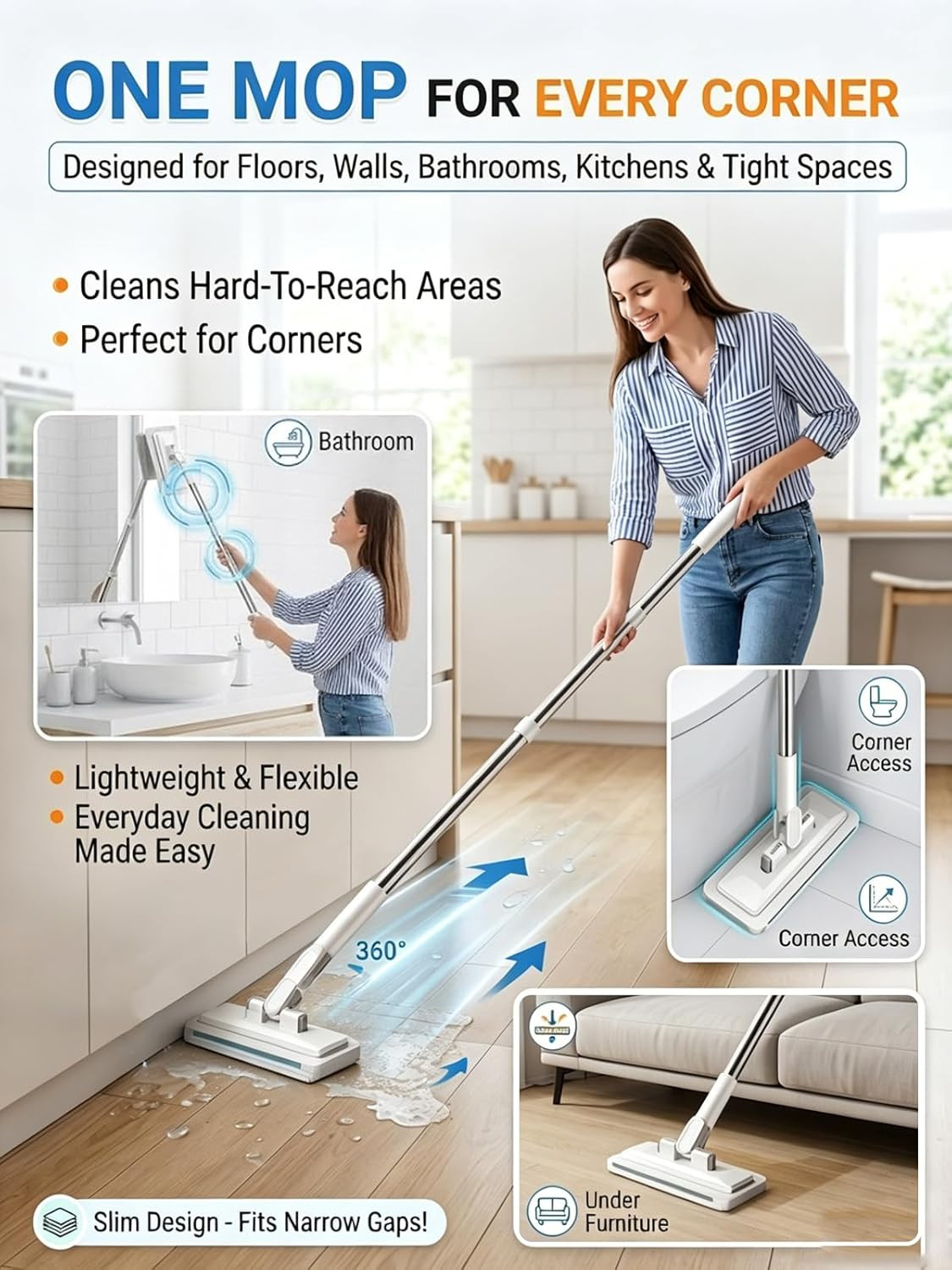 Hands-Free Multi-Purpose Flat Mop – Lazy Cleaning & Face Towel Compatible 39In L
