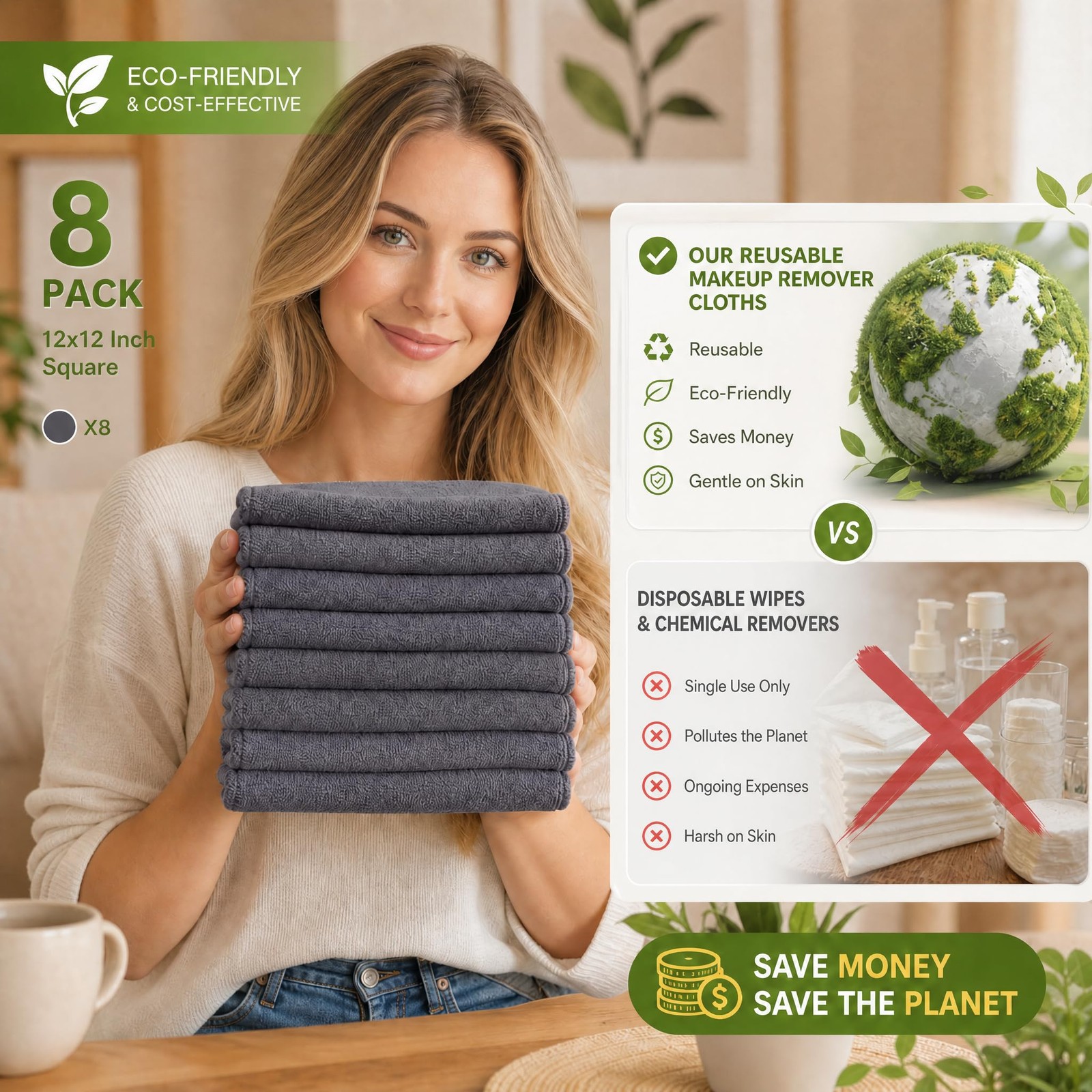 Nugilla Makeup Remover Cloth 12 x 12 Inch, Reusable 1 Count (Pack of 8), Grey