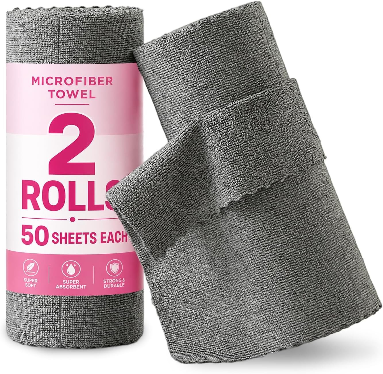 2 Roll Reusable Paper Towels,100 Sheets Tear Away Microfiber Cleaning Cloth,