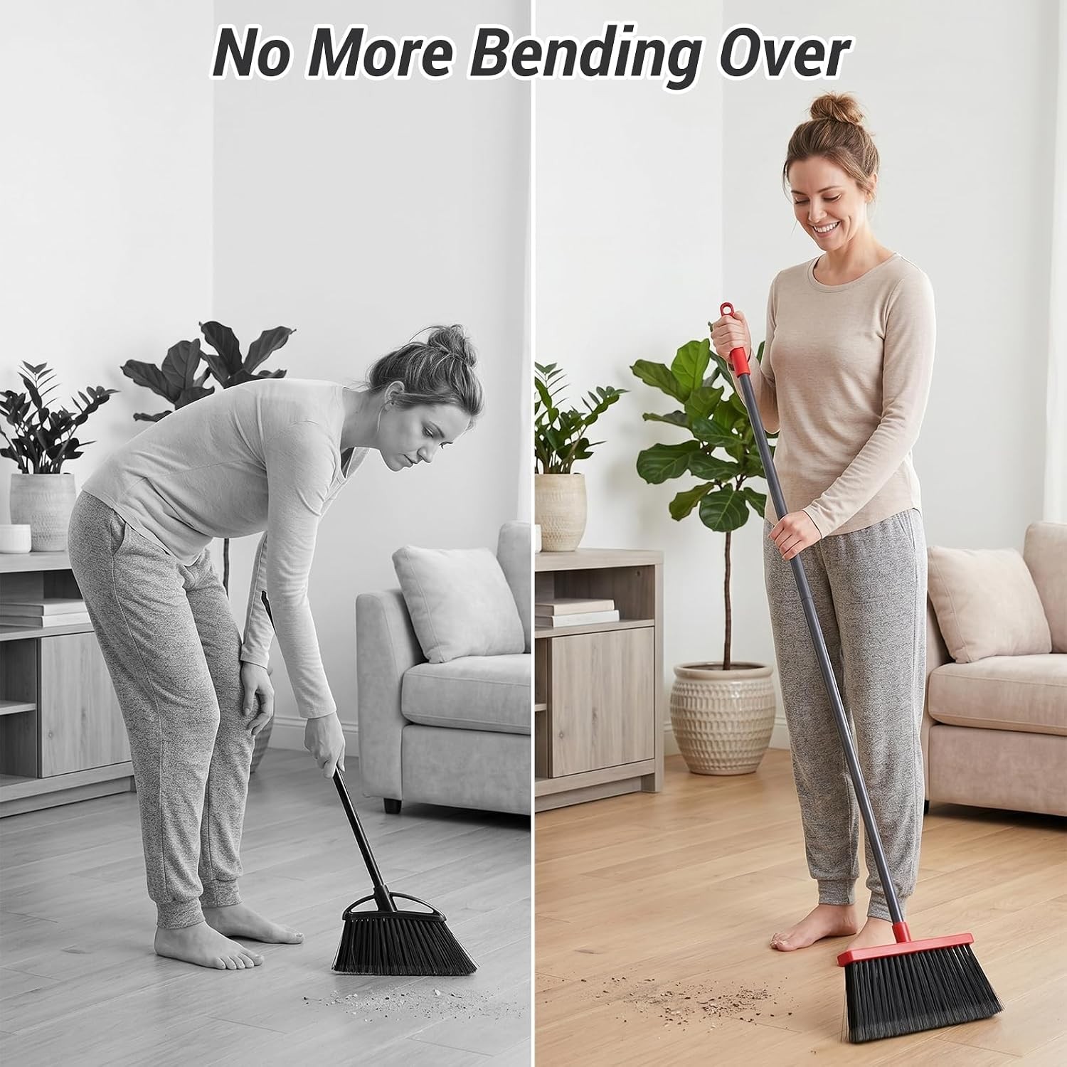 Long Handle Self Cleaning Upright Standing Broom with Dustpan Combo Set Red Gray