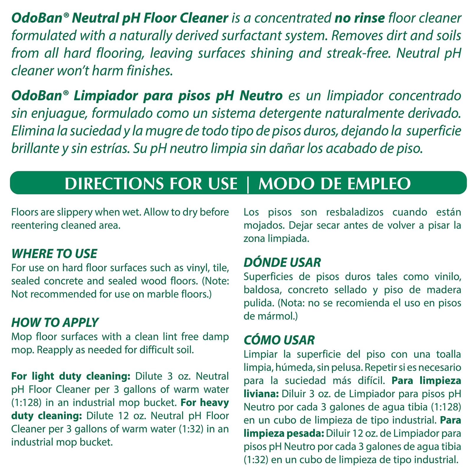 Odoban Professional Series Neutral Ph No Rinse Floor Cleaner Concentrate Made