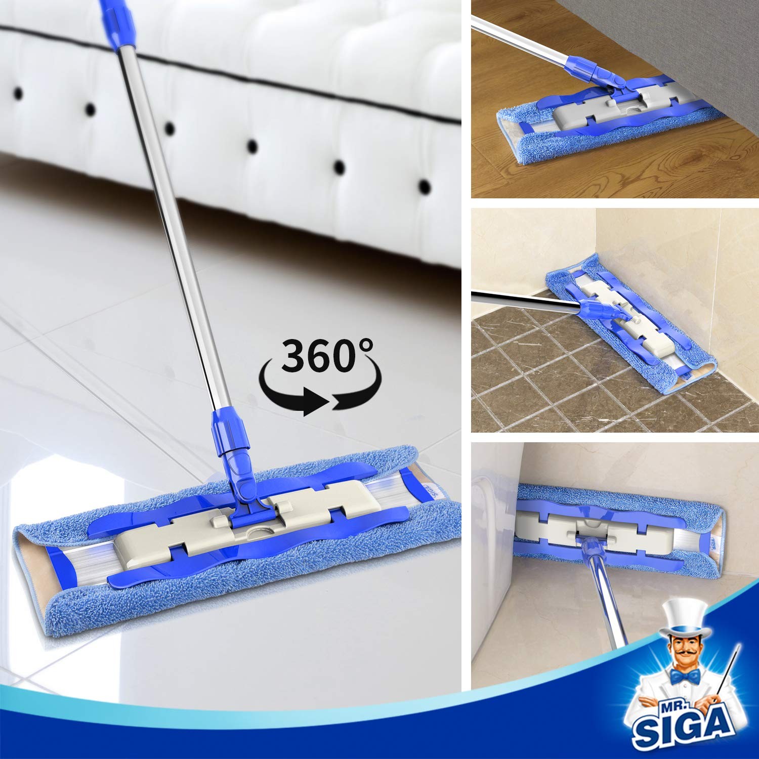 MR.SIGA Microfiber Mop with 3 Reusable Refills for Hardwood & Tile Floors