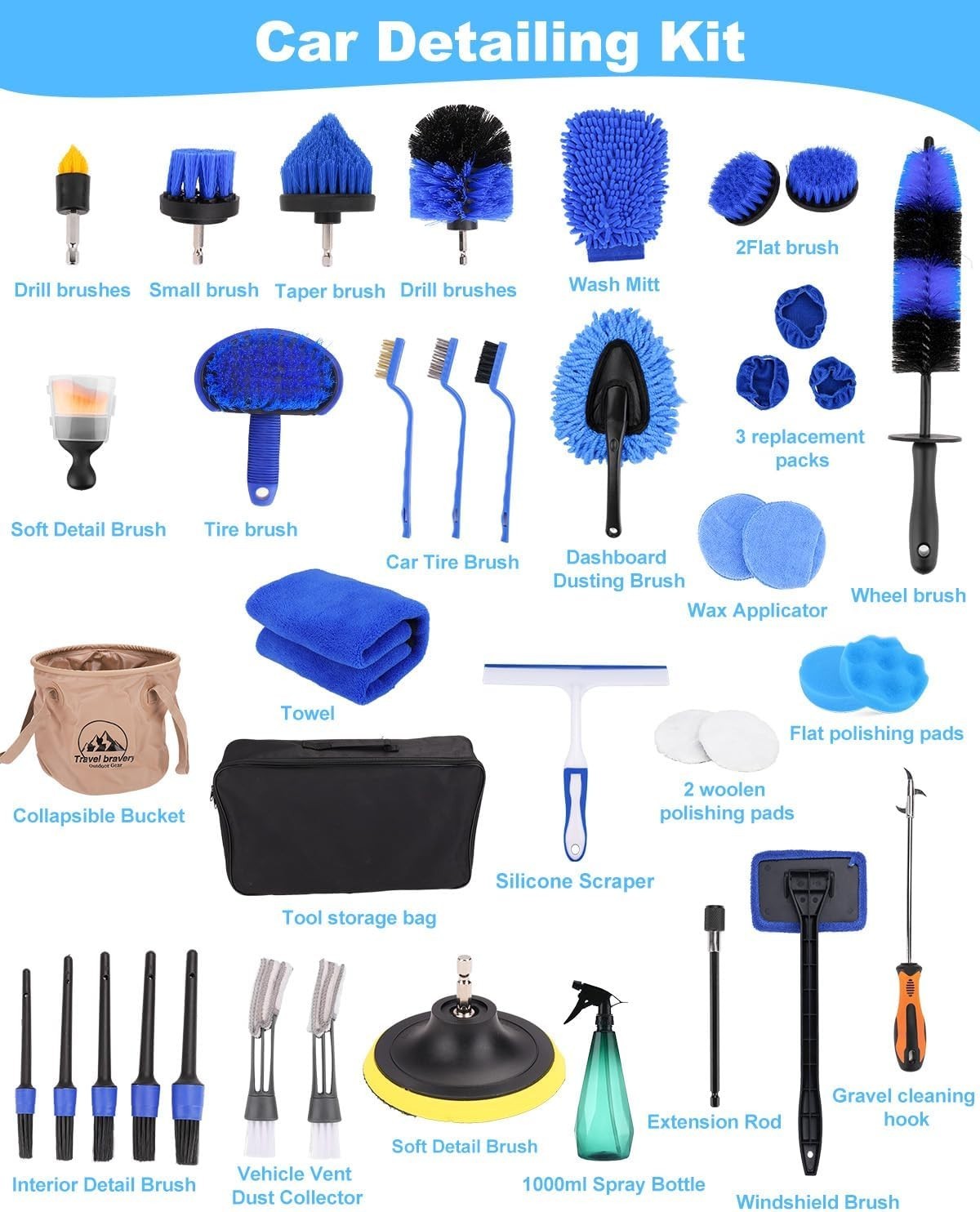 Car Detailing Cleaning Kit Drill Brushes Set Wash Tools Bucket Towels Bag 40pc