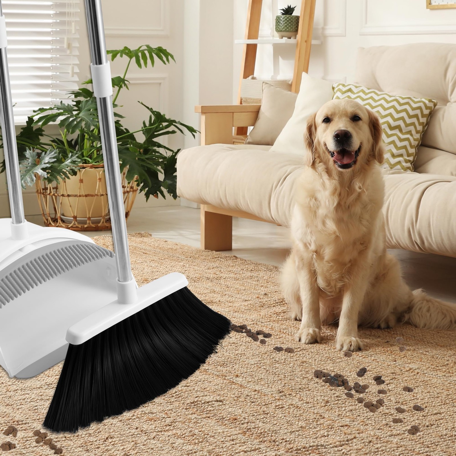 Broom and Dustpan Set for Home, 52″ Long Handle Standing Broom Set with Dustp…