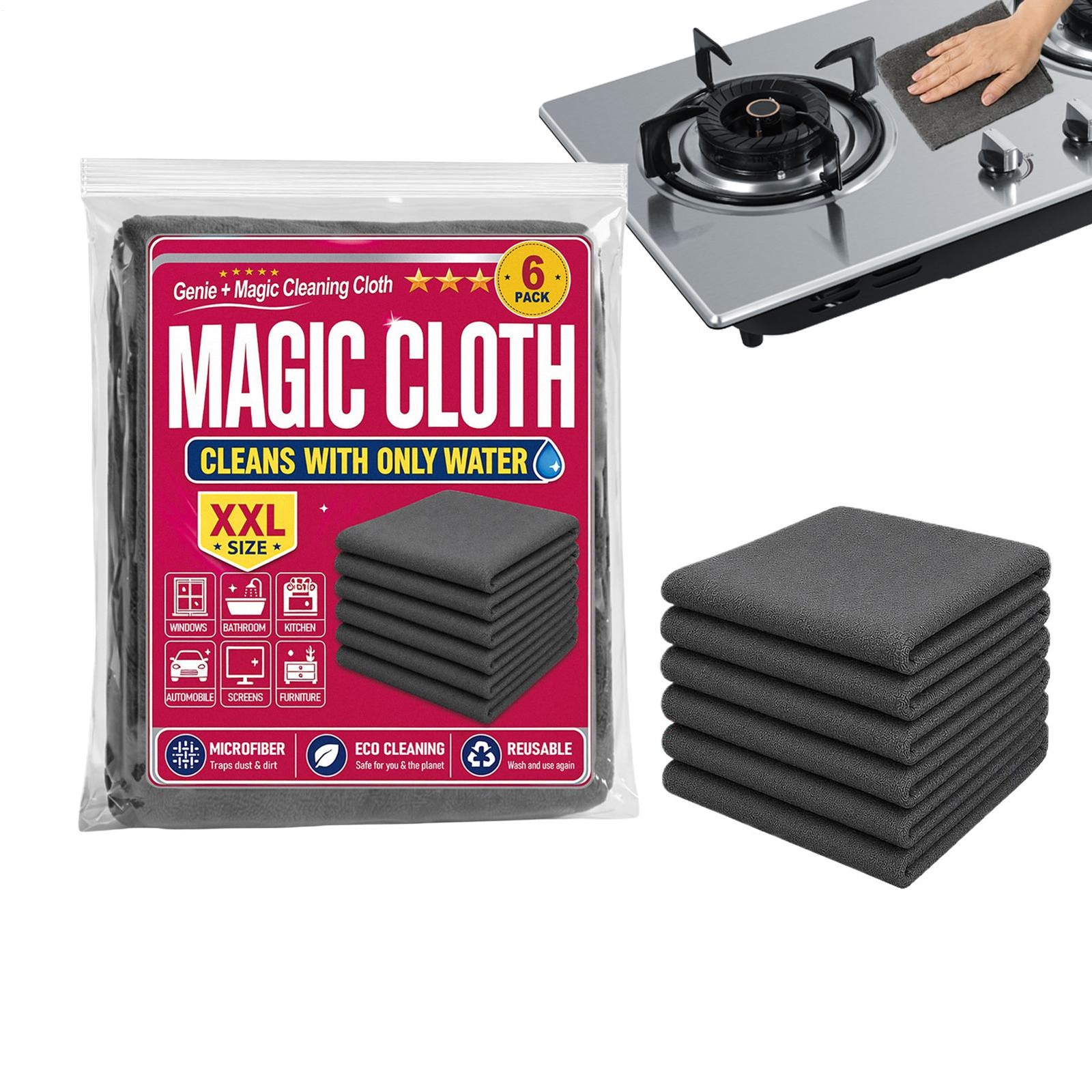 Genie Magic Cleaning Cloth 6-Pack,Microfiber Cleaning Cloths 16×12 Inch,Reusable