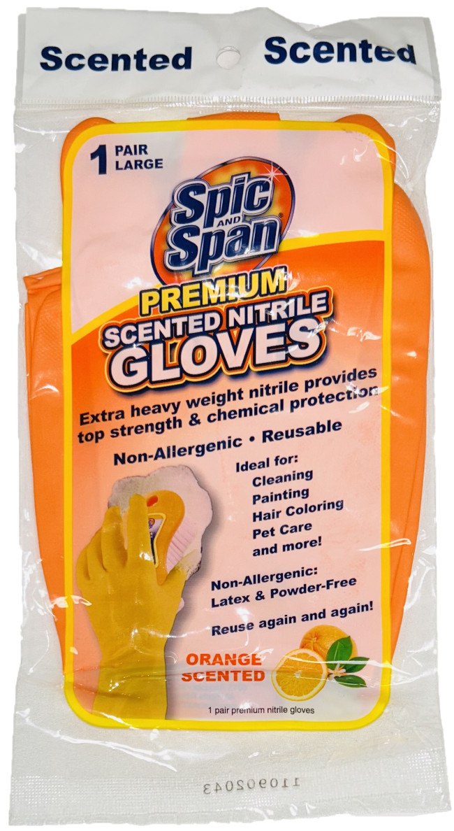 Spic And Span Orange Scented Nitrile Heavy Weight Premium Reusable Gloves Large