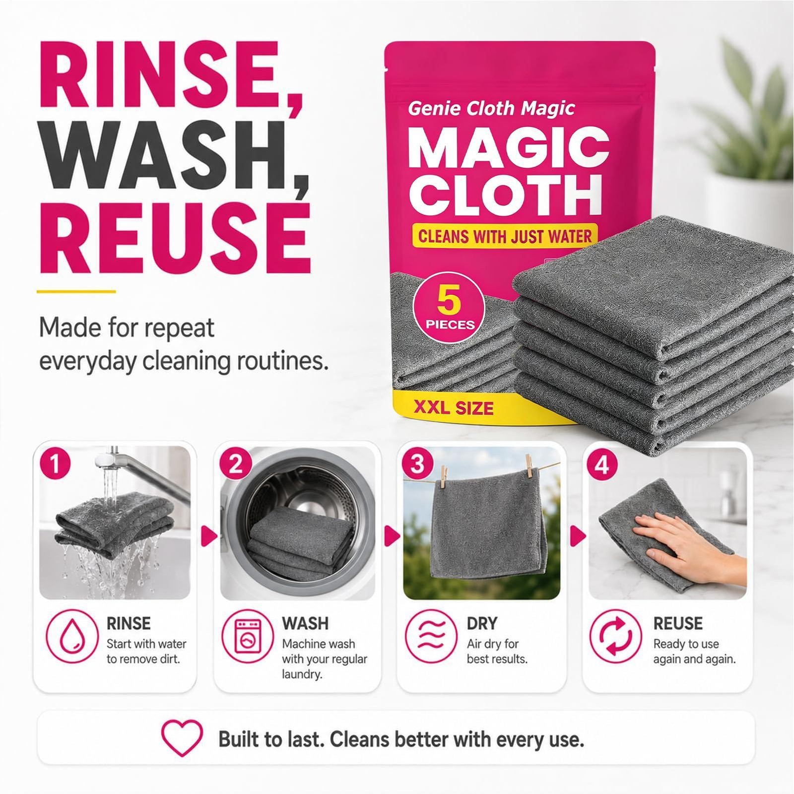 Genie Magic Cleaning Cloth, Lint Free Microfiber Cleaning Cloths, 5 Pieces