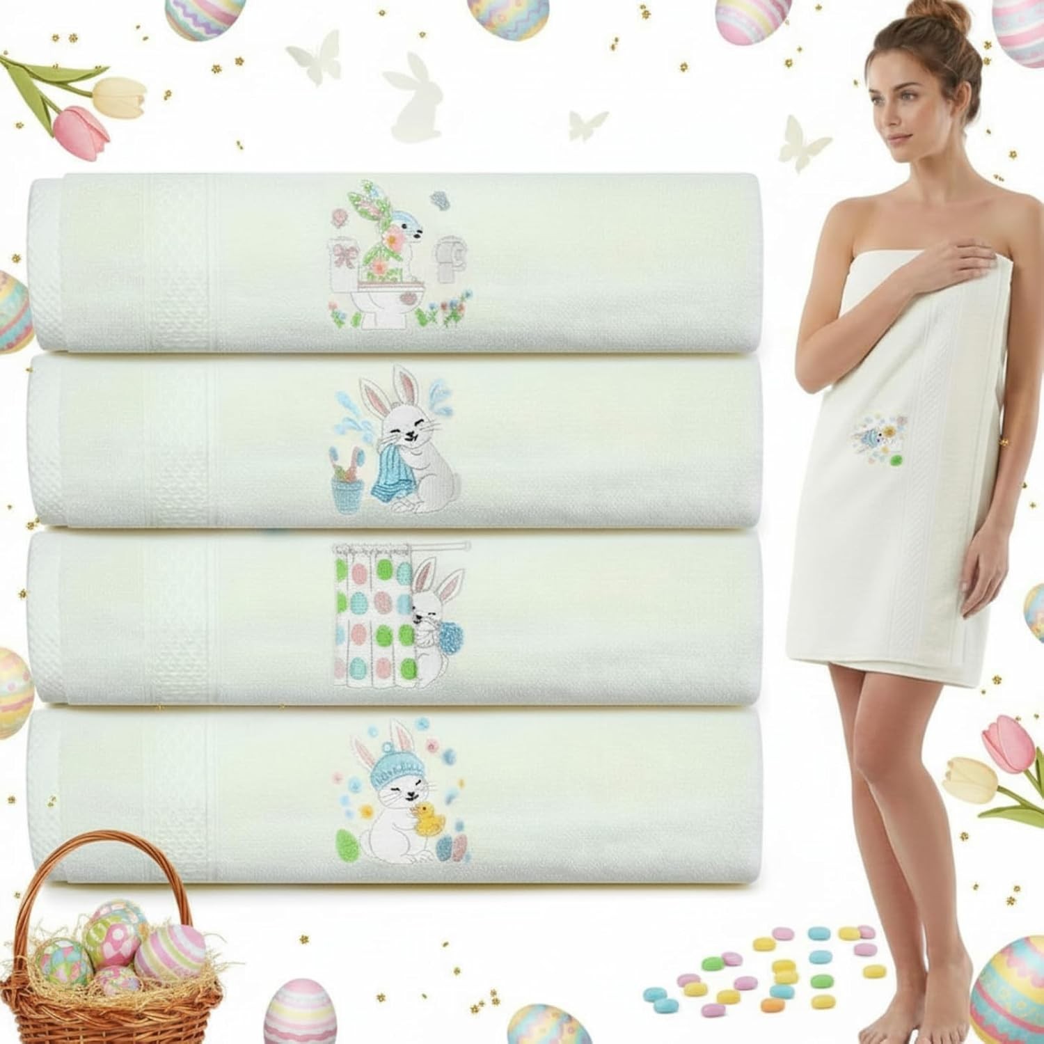 Set of 4 Easter Bunny Bath Towel, 27×54 Inch Cotton Easter Towels, Absorbent