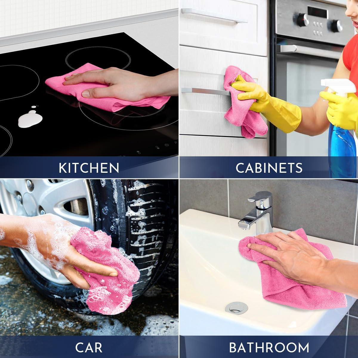 Pink Microfiber Cleaning Cloth, 12 Pack Cleaning Towels for Kitchen, Lint Free,